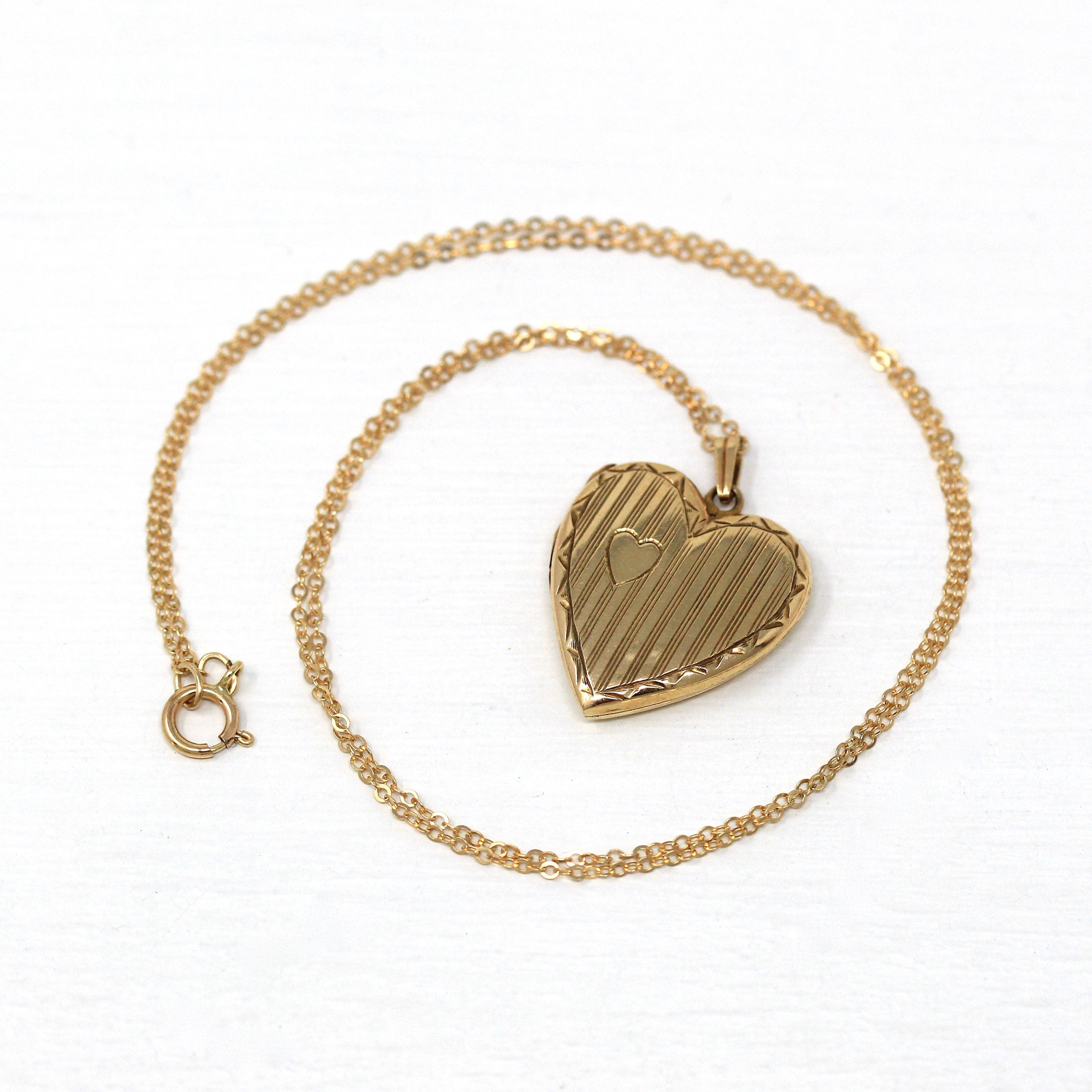 Sale - Letter D Locket - Retro 10K Yellow Gold Heart Shaped Pendant Necklace - Vintage Circa 1940s Era Fine Keepsake Photo ESEMCO Jewelry Add 10K 18
