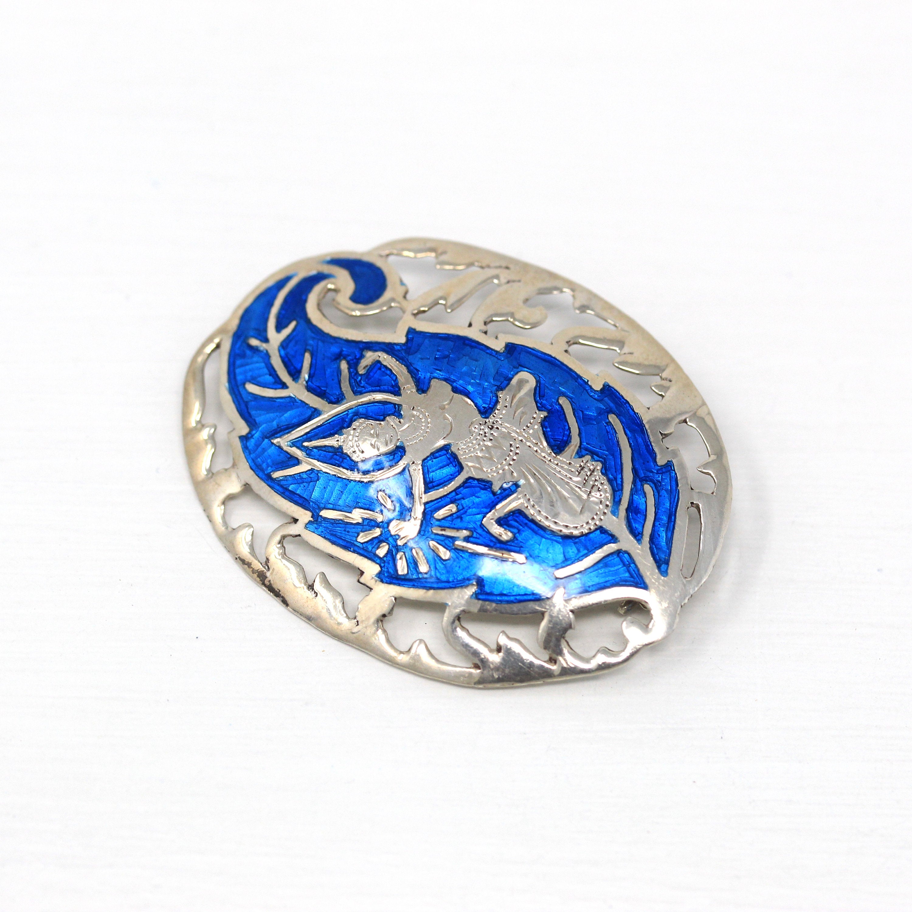 Vintage Siam Brooch - Retro Sterling Silver Thailand Blue Enamel Accessory Pin - Circa 1940s Era Mekkala Goddess Of Lightning Thai Jewelry