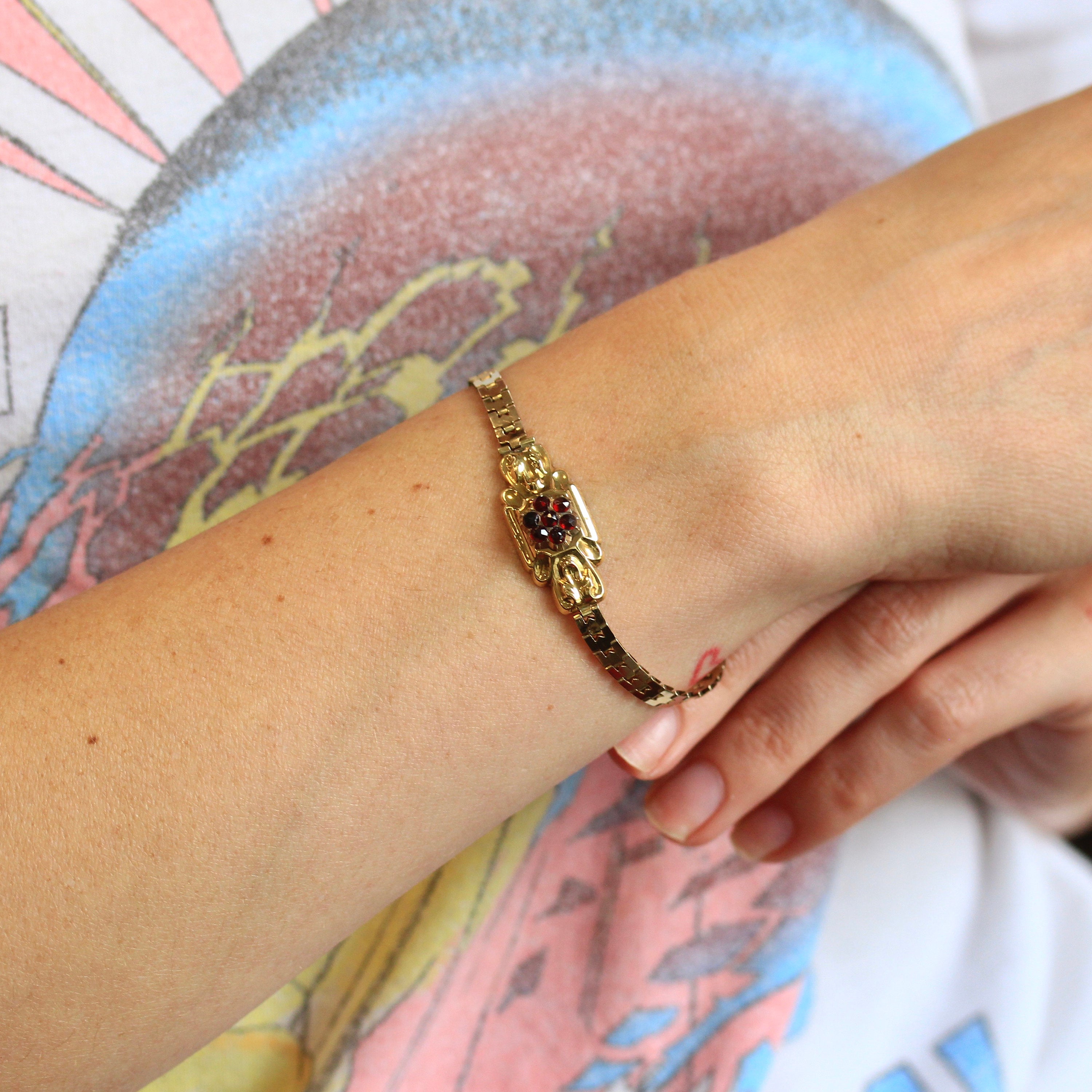 Sale - Victorian Garnet Bracelet - Attachable 10k Yellow Gold Red Garnet  Gems - Circa 1890s Era Newborn Baby Bracelets Fine 7 inches Jewelry