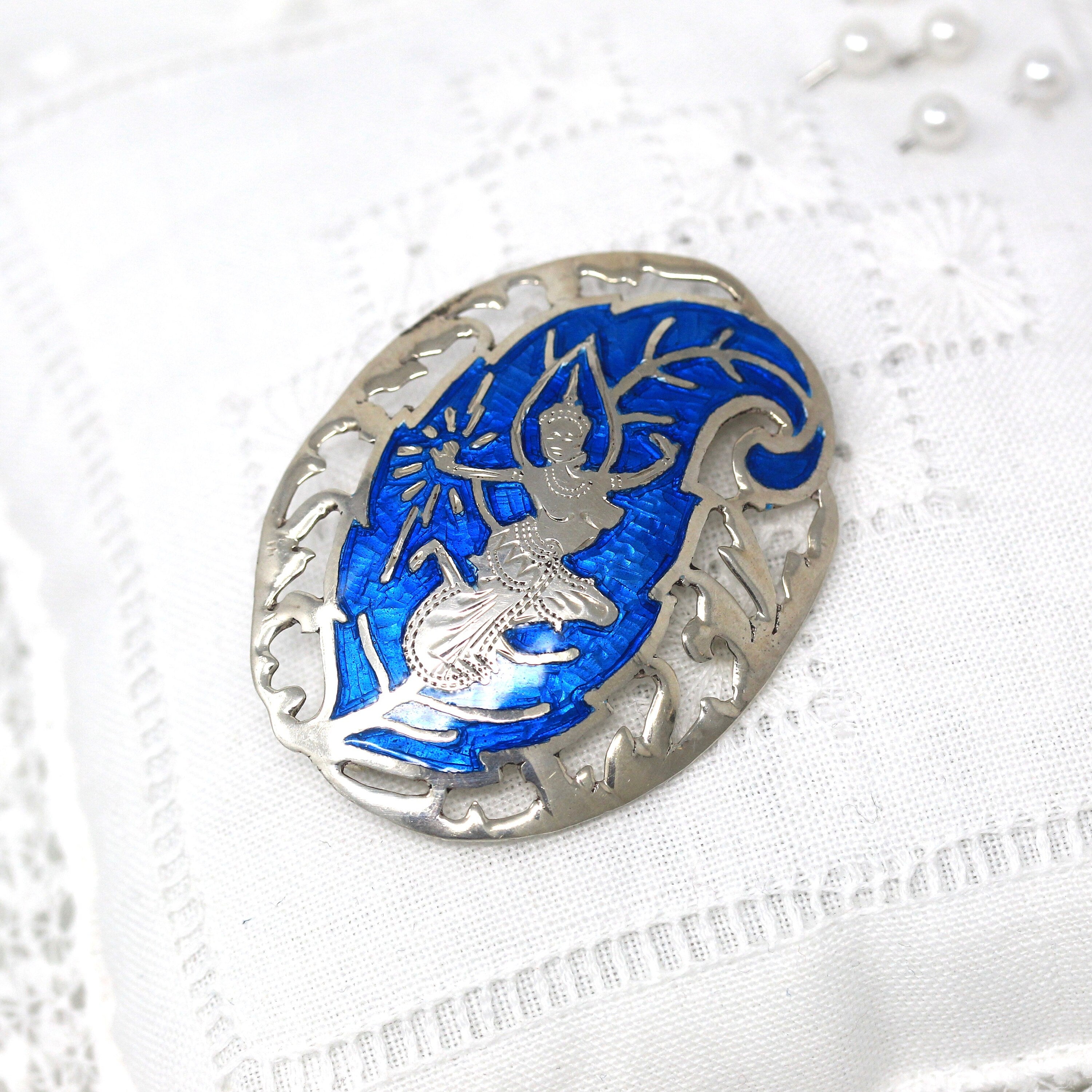 Vintage Siam Brooch - Retro Sterling Silver Thailand Blue Enamel Accessory Pin - Circa 1940s Era Mekkala Goddess Of Lightning Thai Jewelry