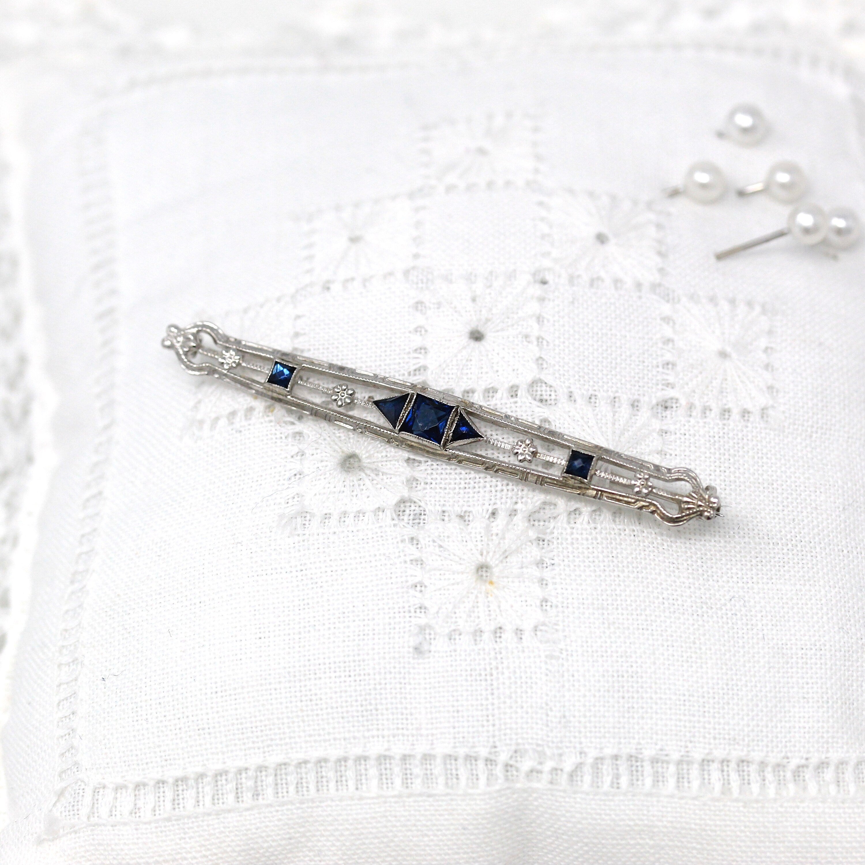 Art Deco Era Pin - Antique 10k White Gold Simulated Blue Sapphire Brooch - Vintage 1920s Filigree September Birthstone Fine OB 20s Jewelry