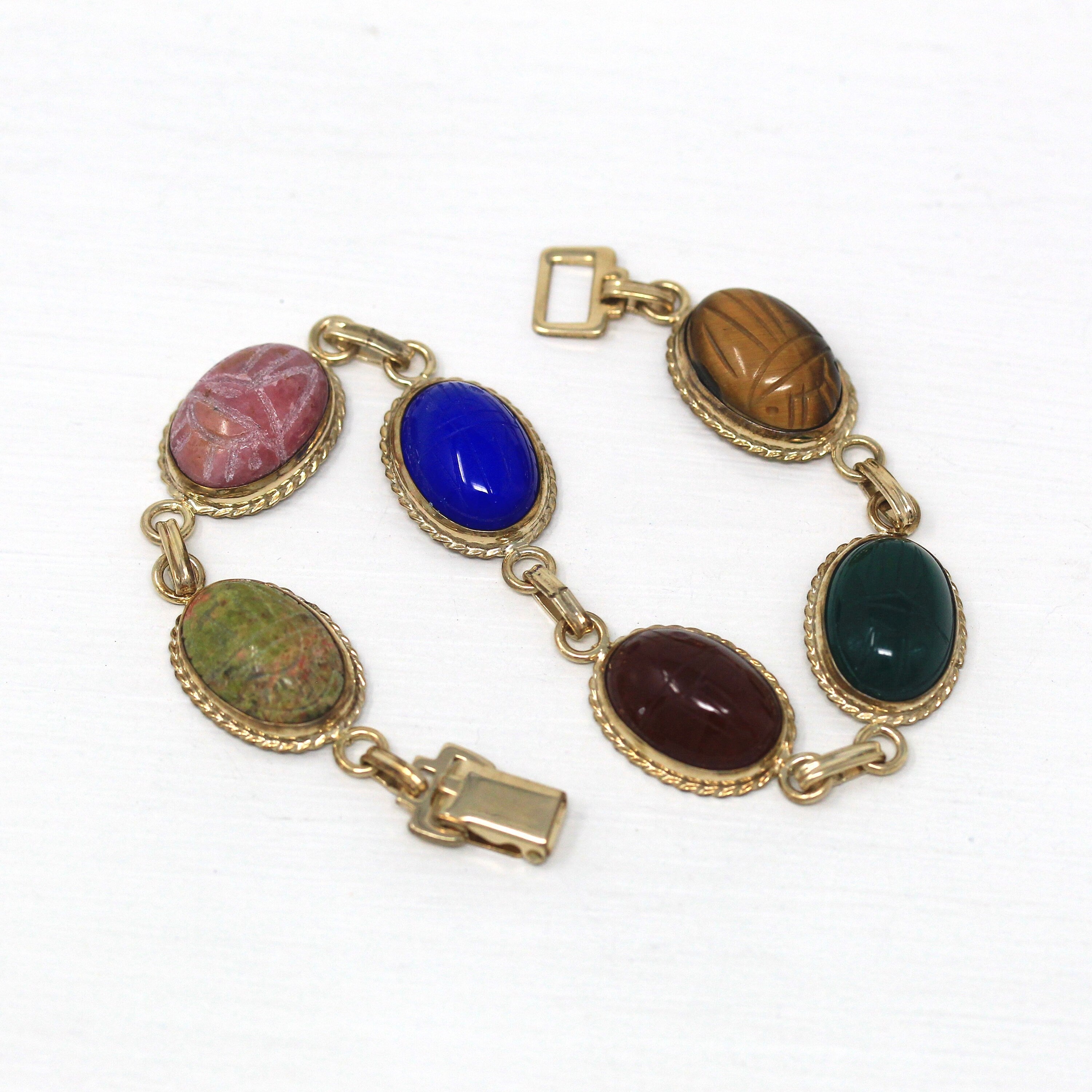 Vintage Scarab Bracelet - Retro 14k Gold Filled Carved Genuine Gemston ...