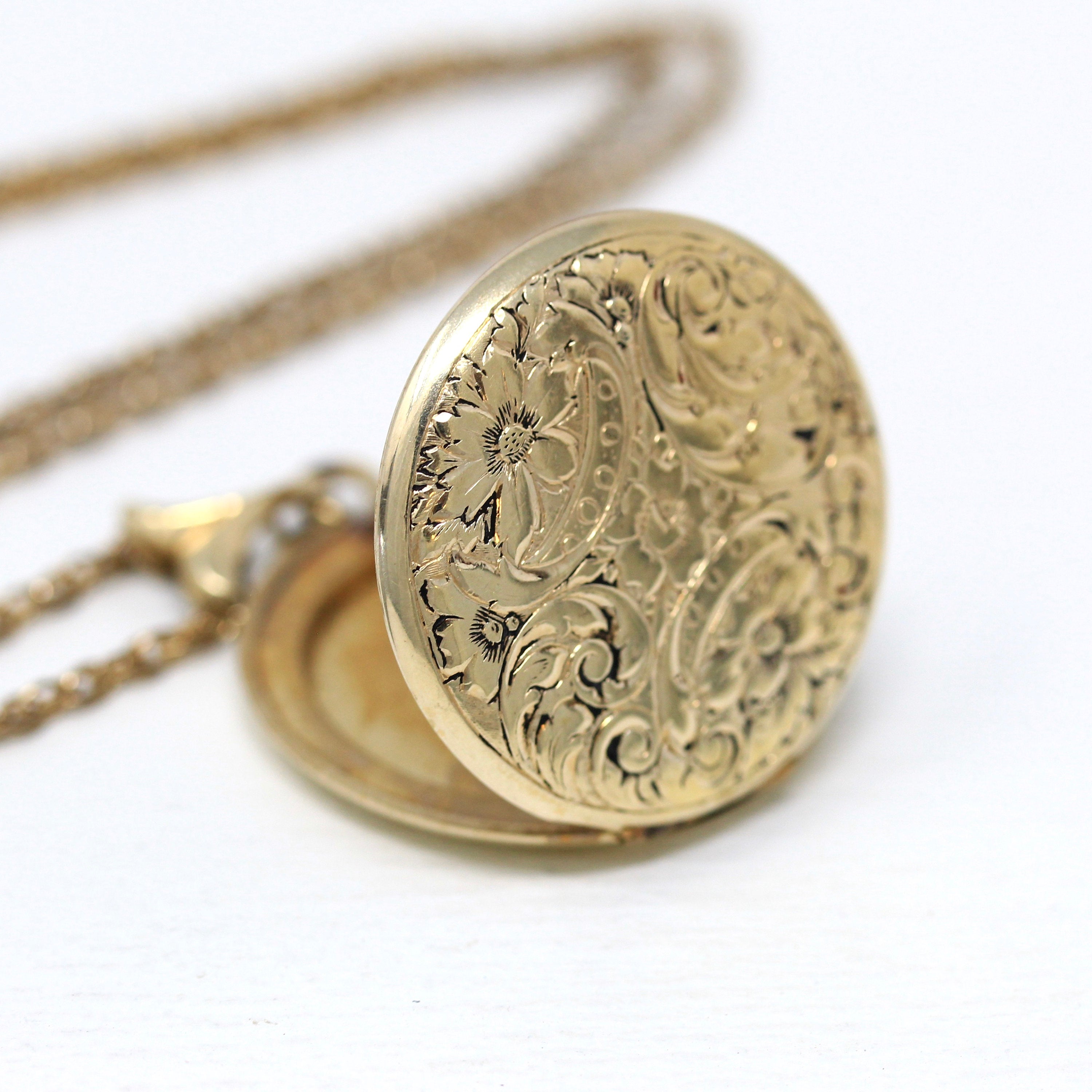 Vintage Flower Locket - Retro 12k Gold Filled Round Engraved Necklace Pendant - Circa 1960s Era Statement Keepsake Photo Ballou 60s Jewelry No Chain