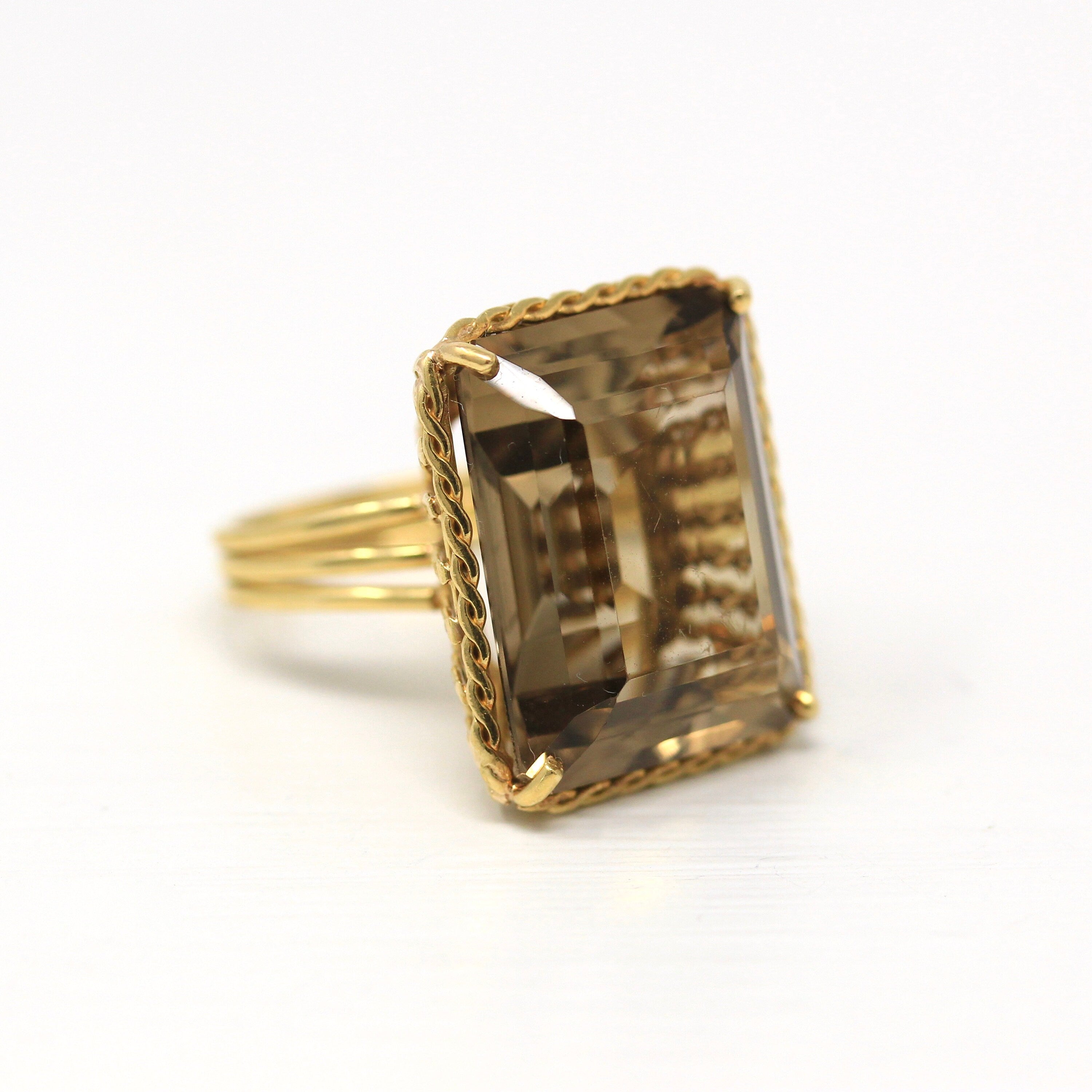 Smoky Quartz Ring - Retro 18k Yellow Gold Emerald Cut 19.28 CT Genuine Brown Gem - Vintage Circa 1970s Era Size 6 Rope Statement 70s Jewelry