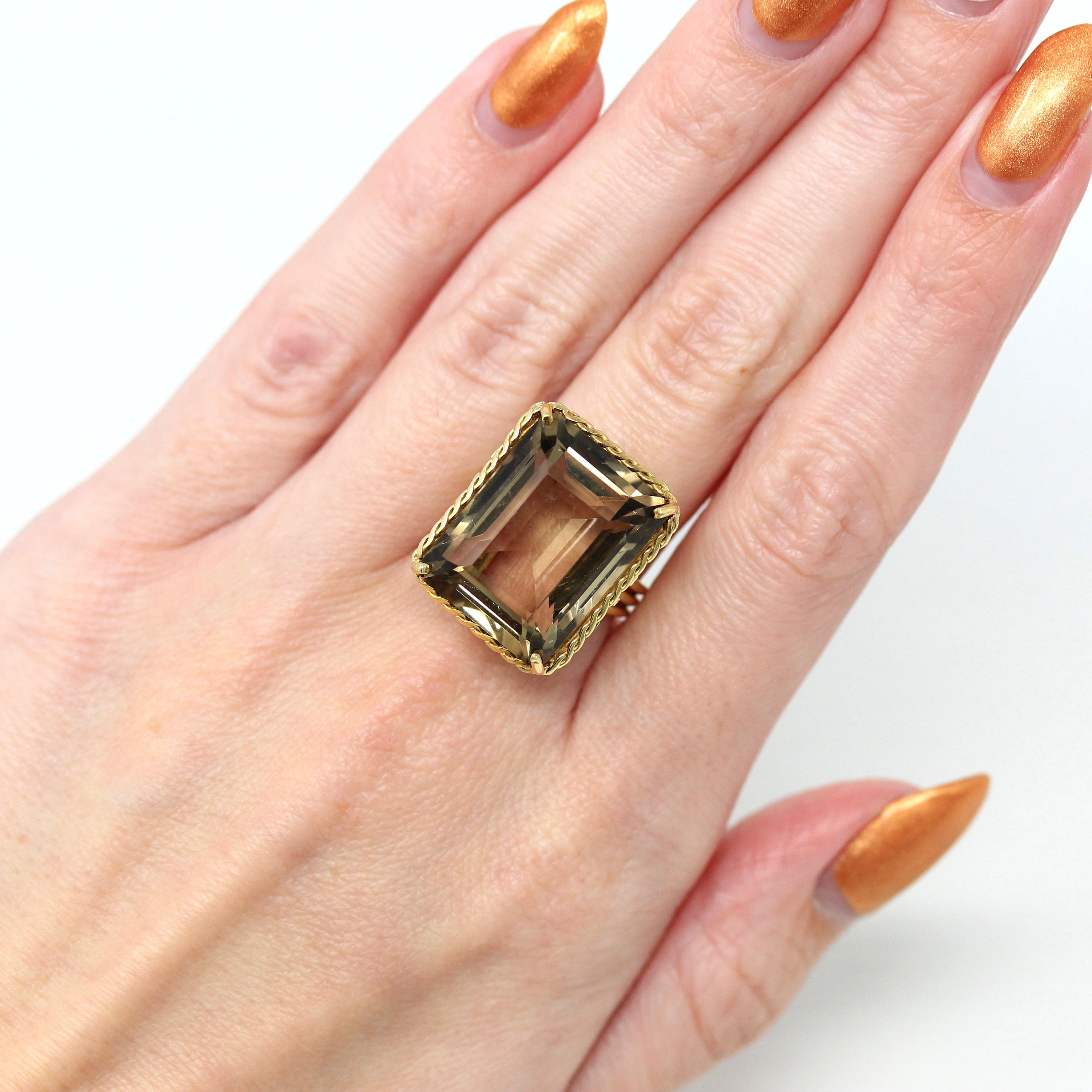 Smoky Quartz Ring - Retro 18k Yellow Gold Emerald Cut 19.28 CT Genuine Brown Gem - Vintage Circa 1970s Era Size 6 Rope Statement 70s Jewelry