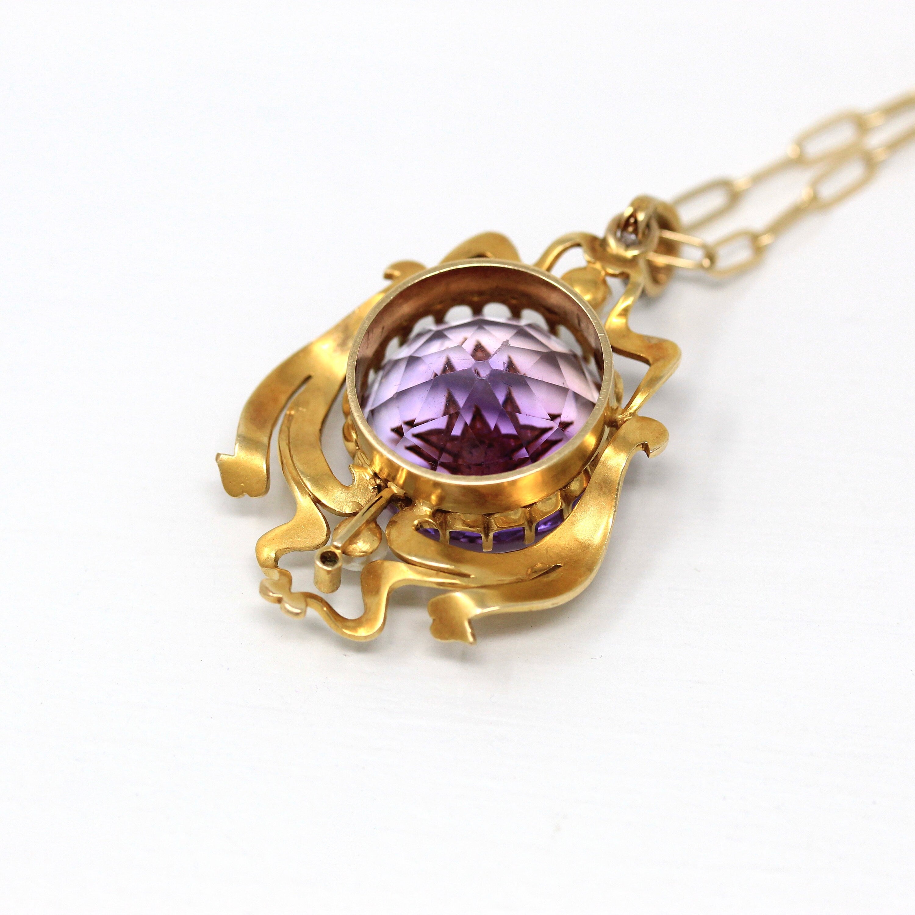 Genuine Amethyst Necklace - Late Victorian Art Nouveau 14k Yellow Gold Genuine Amethyst - Antique 18.9 CT Gem Circa 1900s Fine Charm Jewelry