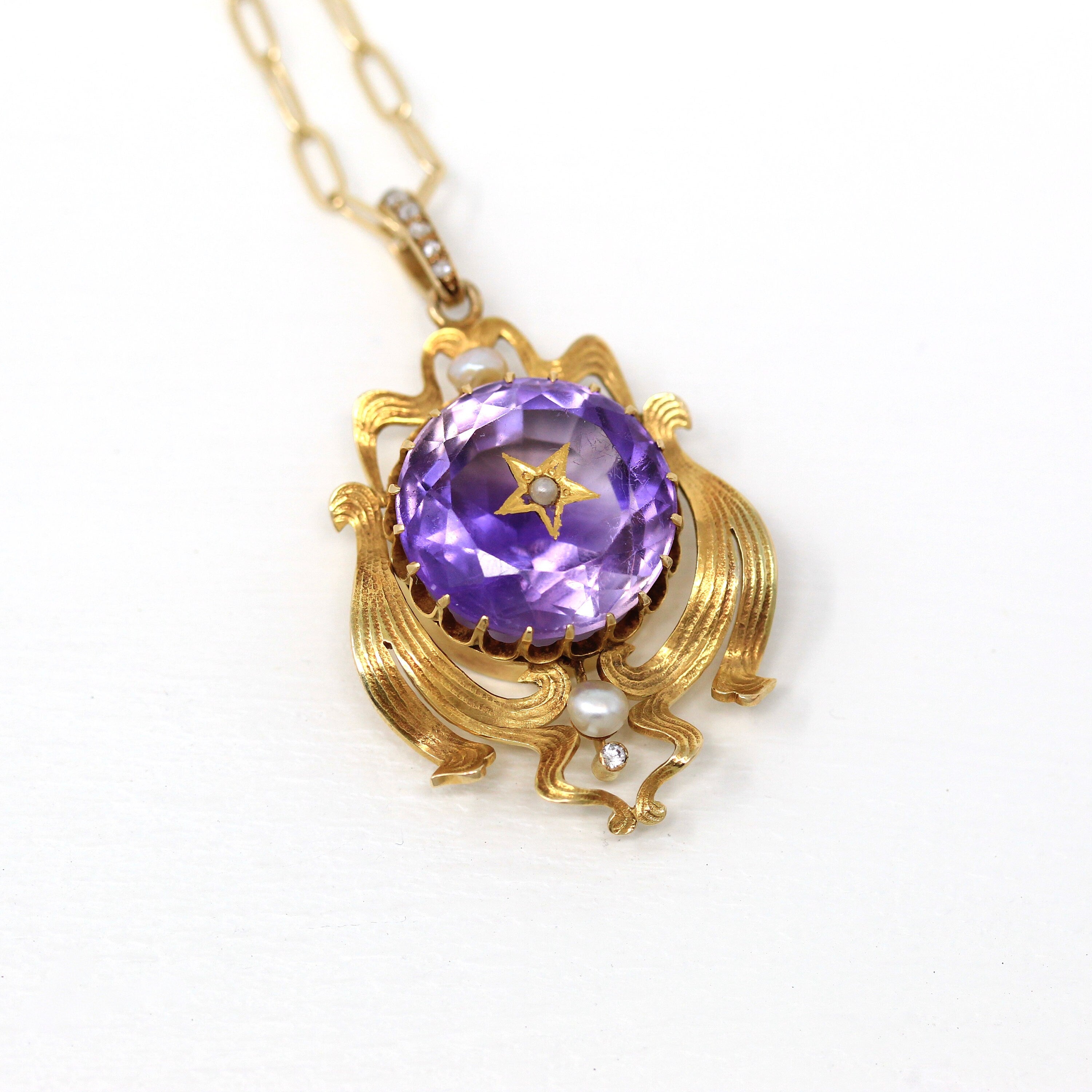 Genuine Amethyst Necklace - Late Victorian Art Nouveau 14k Yellow Gold Genuine Amethyst - Antique 18.9 CT Gem Circa 1900s Fine Charm Jewelry