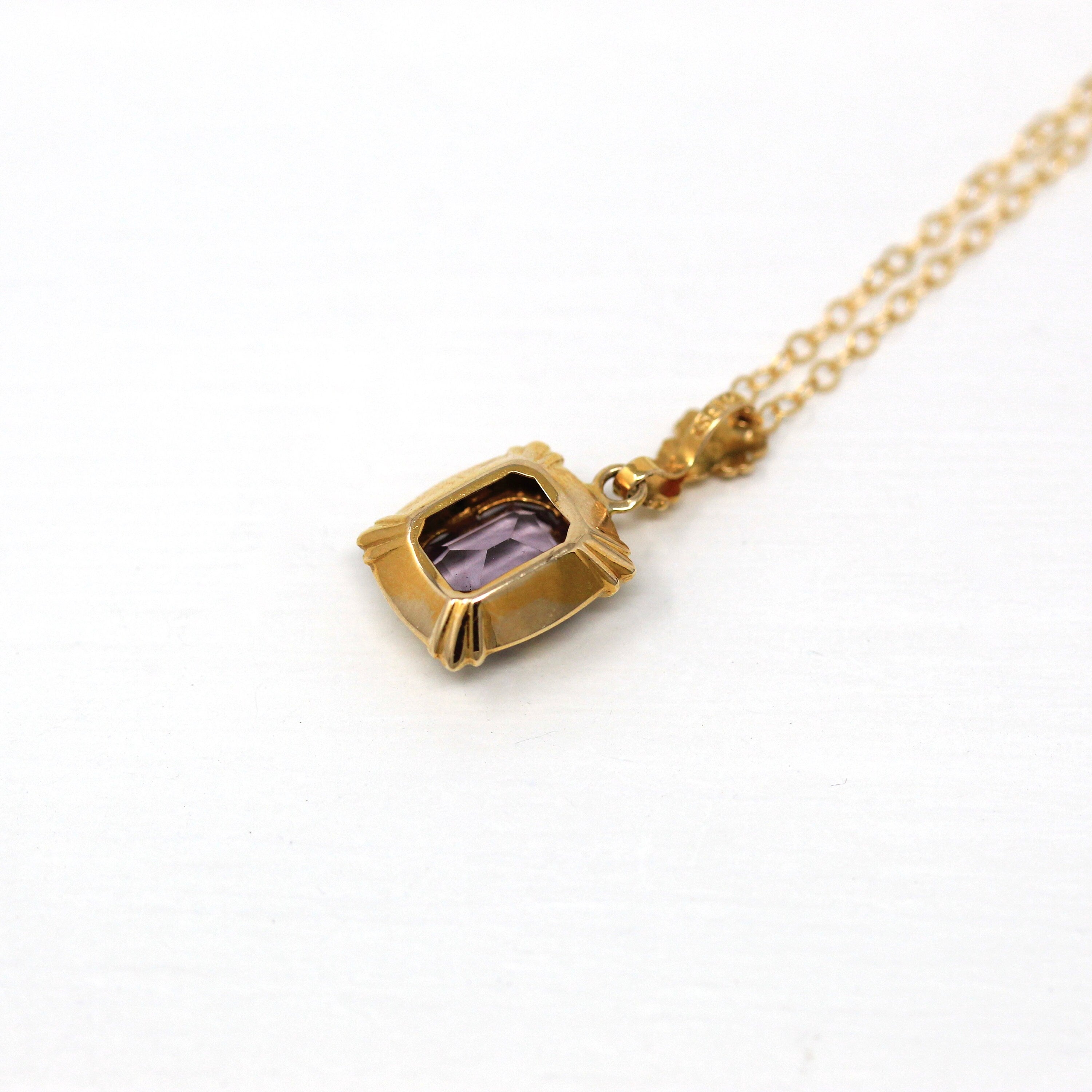 Simulated Amethyst Necklace - Retro 10k Yellow Gold Emerald Cut Purple Glass Pendant - Vintage 1940s Flower Lavalier Fine Esemco Jewelry