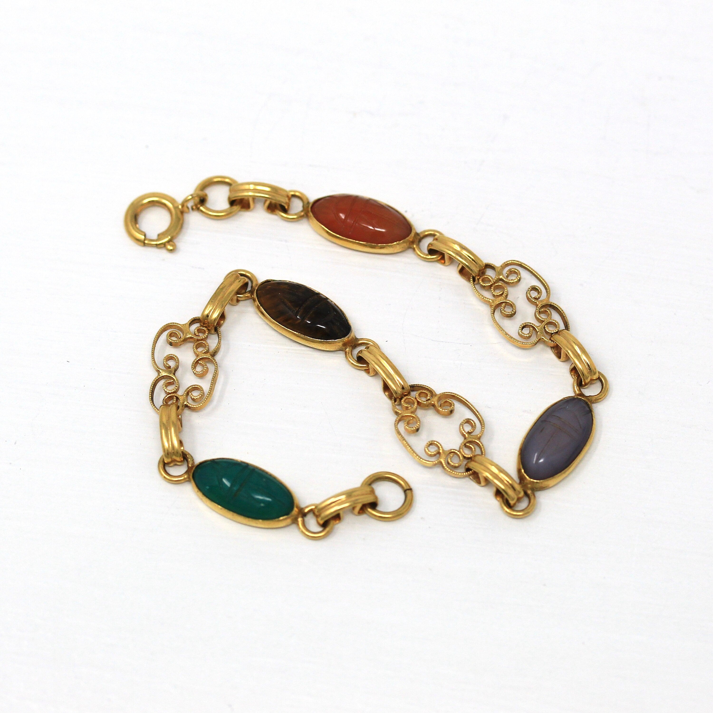 Vintage Scarab Bracelet - Retro 12k Gold Filled Carved Genuine Gemstones - Circa 1960s Era Egyptian Revival Fashion Accessory 60s Jewelry