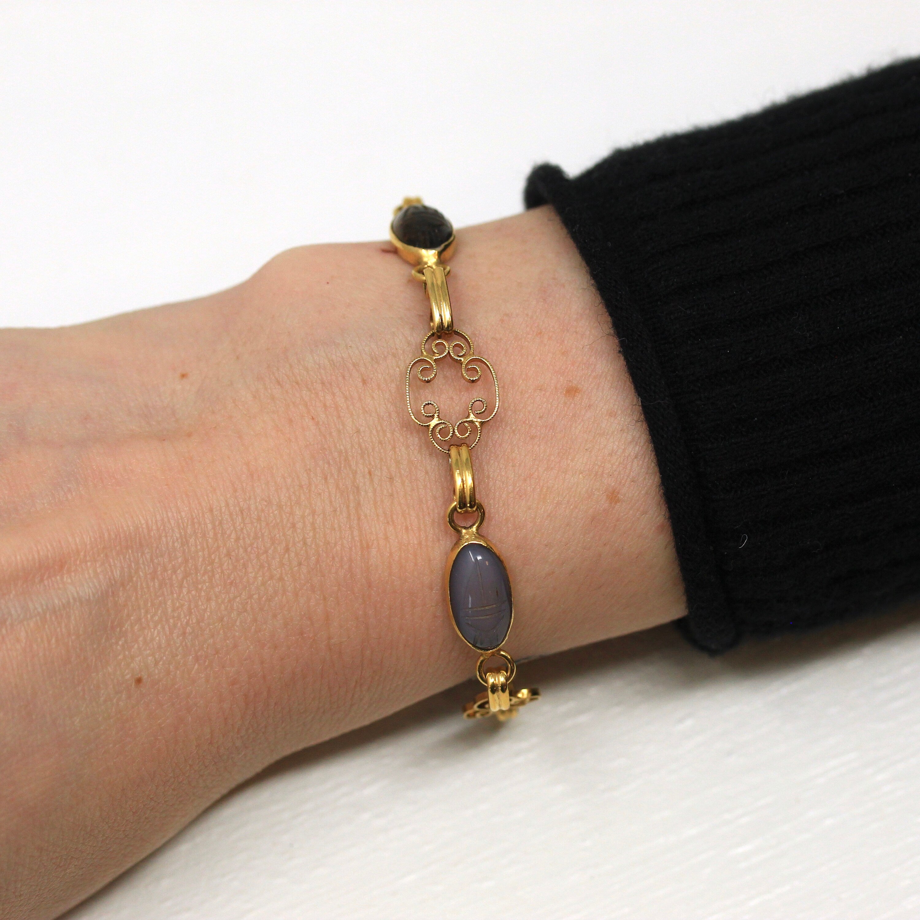 Vintage Scarab Bracelet - Retro 12k Gold Filled Carved Genuine Gemstones - Circa 1960s Era Egyptian Revival Fashion Accessory 60s Jewelry