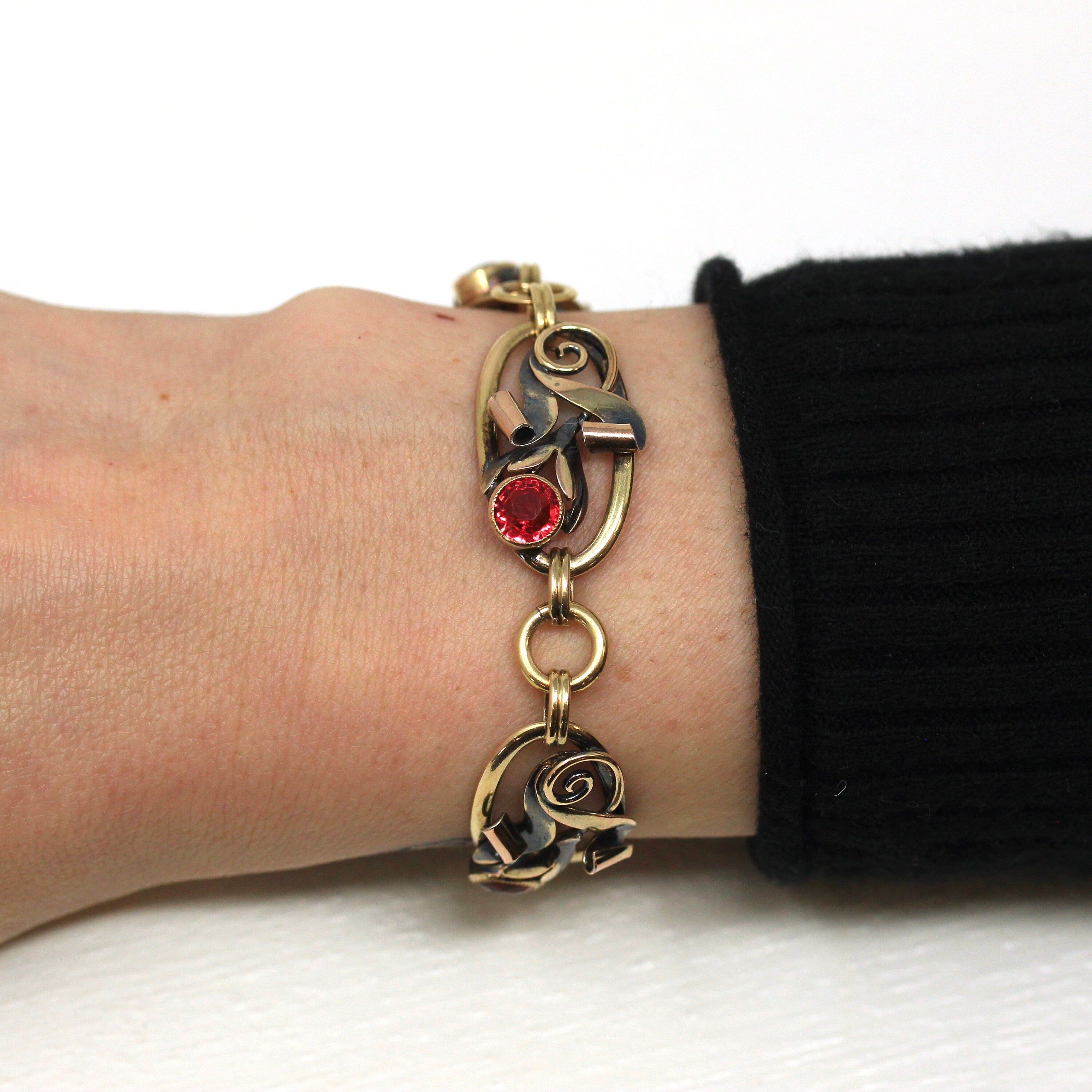 Simulated Ruby Bracelet - Retro 12k Gold Filled On Silver Red Glass Stones Flowers - Vintage 1940s Era Fashion Accessory Carl Art Jewelry