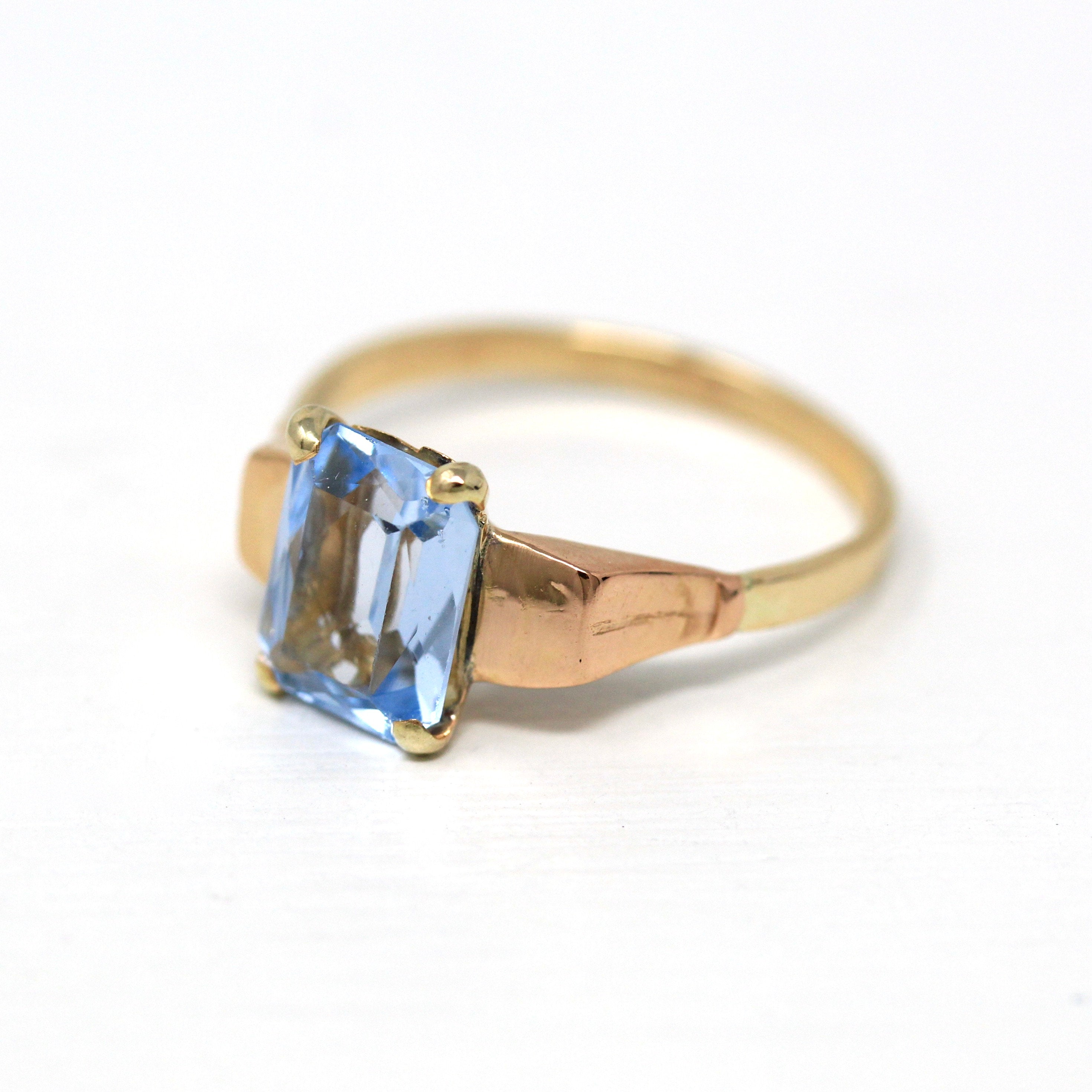 Created Spinel Ring - Retro Era 14k Yellow Gold Emerald Cut Faceted Blue 2.25 CT Stone - Circa 1940s Size 7.5 Solitaire Style Fine Jewelry