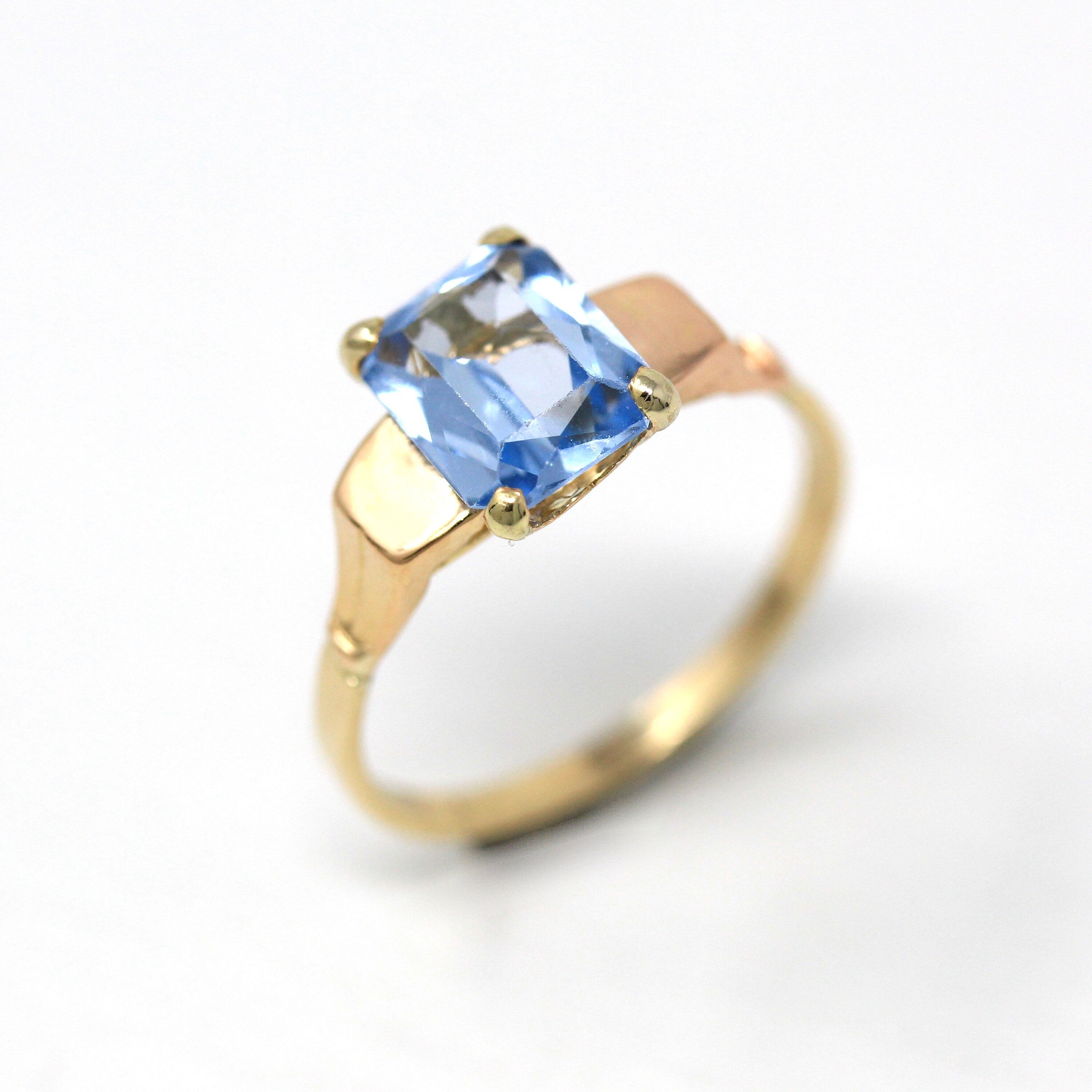 Created Spinel Ring - Retro Era 14k Yellow Gold Emerald Cut Faceted Blue 2.25 CT Stone - Circa 1940s Size 7.5 Solitaire Style Fine Jewelry