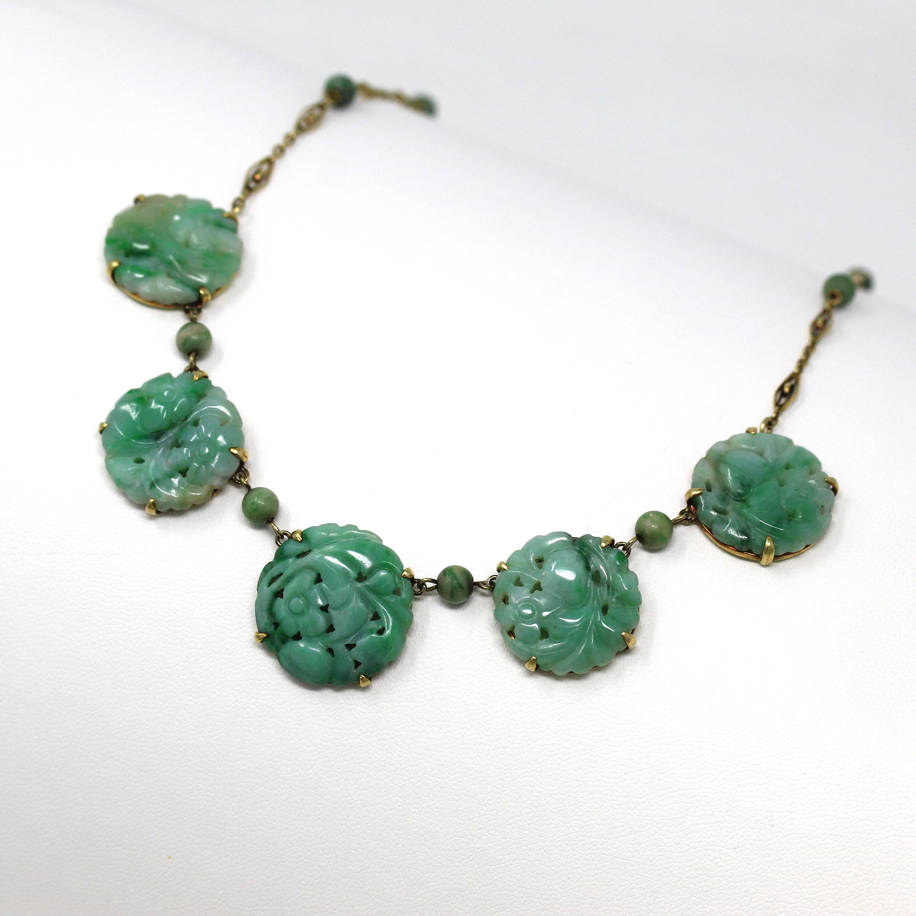 Sale - Vintage Jade Necklace - Art Deco 14k & 18k Yellow Gold Genuine Carved Jadeite Jade - 1920s Green Gemstone Filigree Jewelry w/ Report