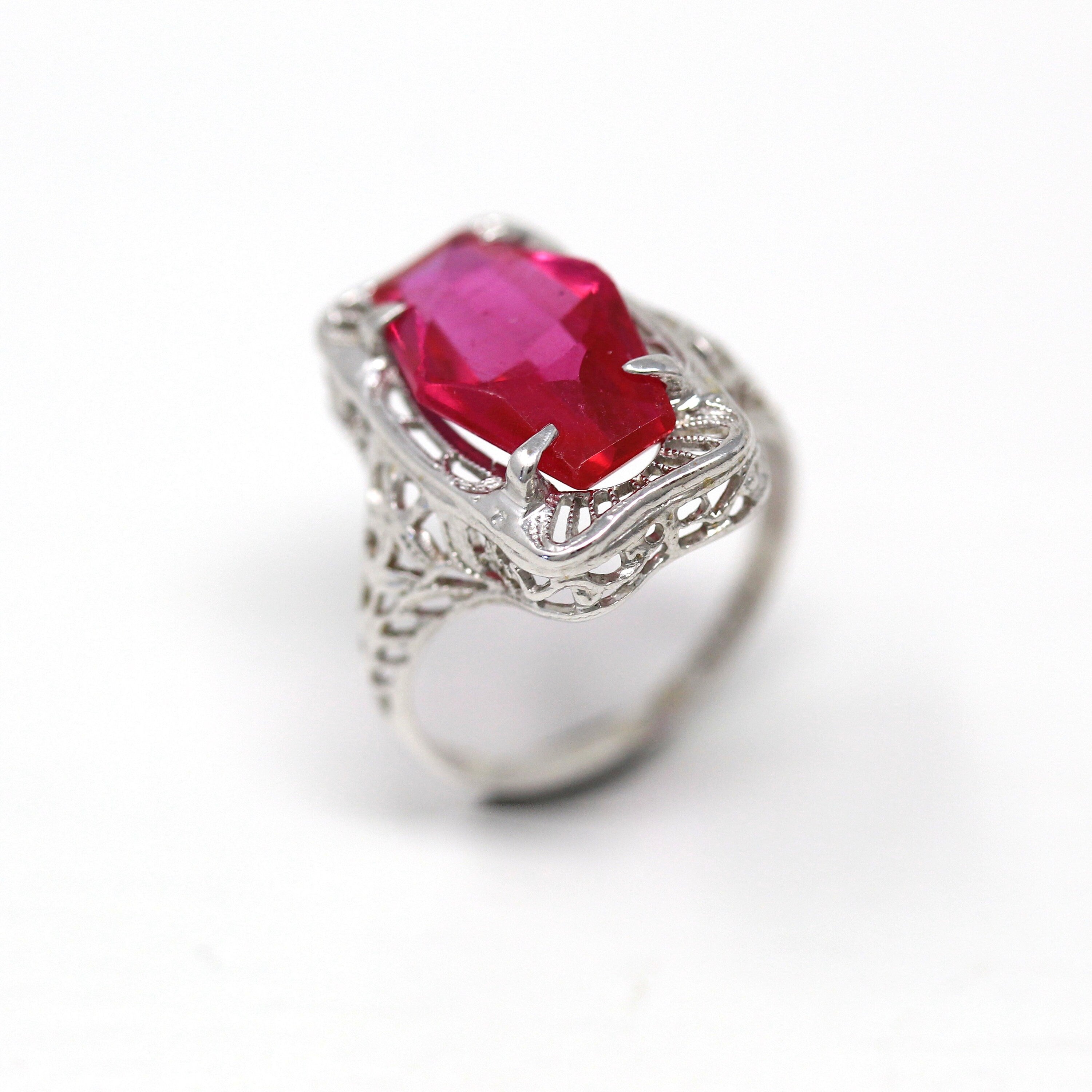 Antique Filigree Ring - Art Deco Era 10k White Gold Filigree Setting Created Ruby Red Stone - Vintage Circa 1920s Size 3.5 Fine 20s Jewelry