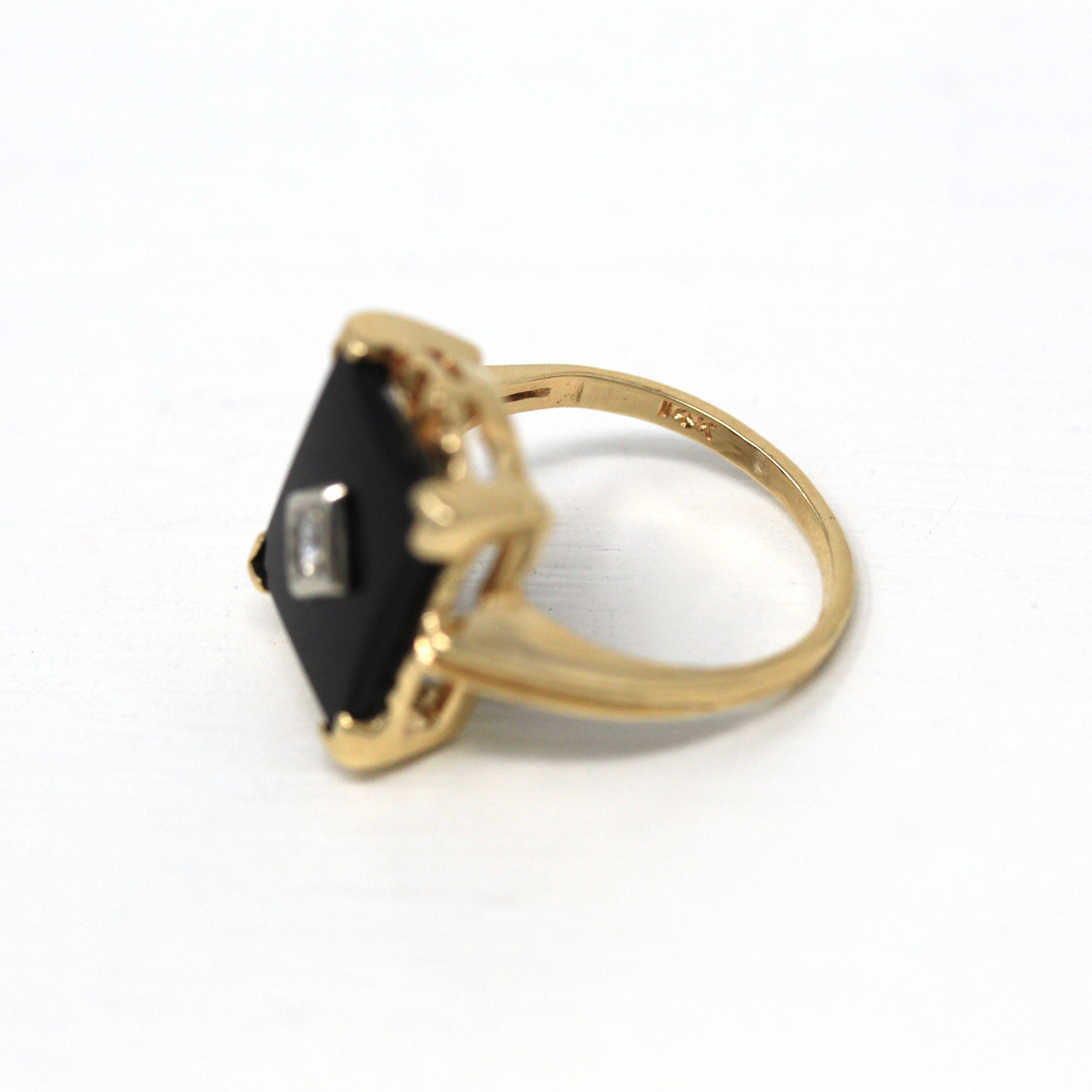 Genuine Onyx Ring - Retro 14k Yellow Gold Rectangular Black Gemstone & Diamond - Vintage Circa 1960s Era Size 5 Statement Gem Fine Jewelry