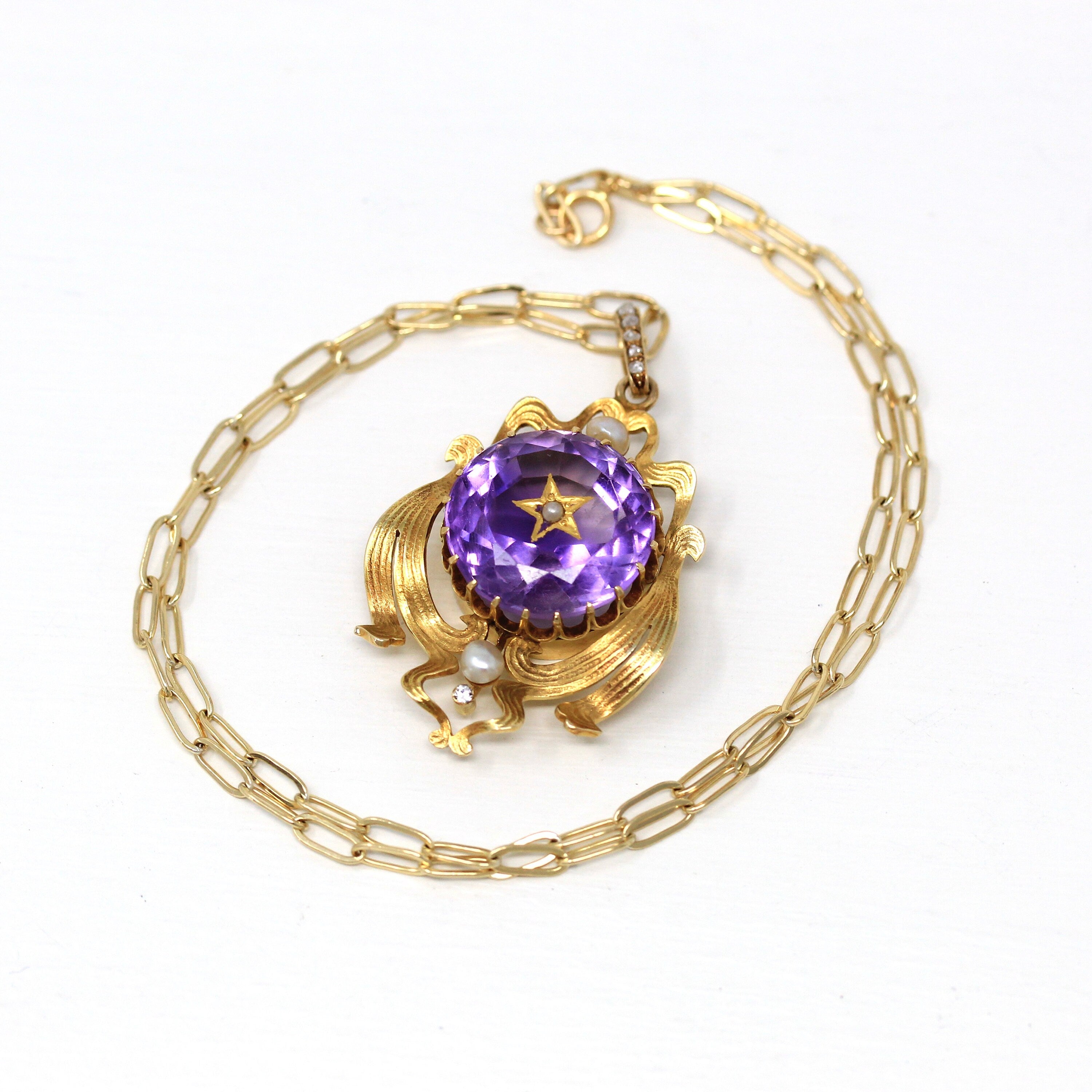 Genuine Amethyst Necklace - Late Victorian Art Nouveau 14k Yellow Gold Genuine Amethyst - Antique 18.9 CT Gem Circa 1900s Fine Charm Jewelry