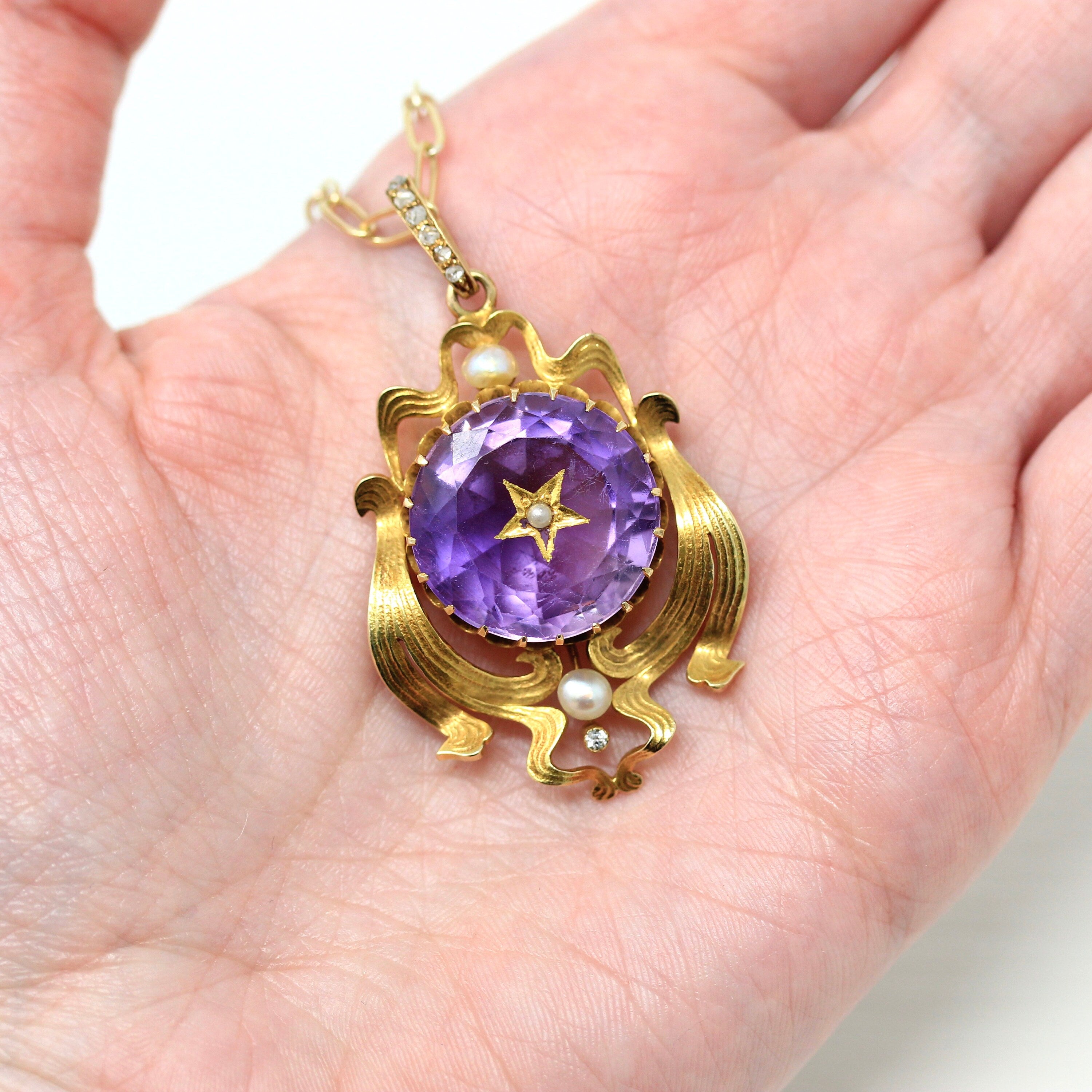 Genuine Amethyst Necklace - Late Victorian Art Nouveau 14k Yellow Gold Genuine Amethyst - Antique 18.9 CT Gem Circa 1900s Fine Charm Jewelry