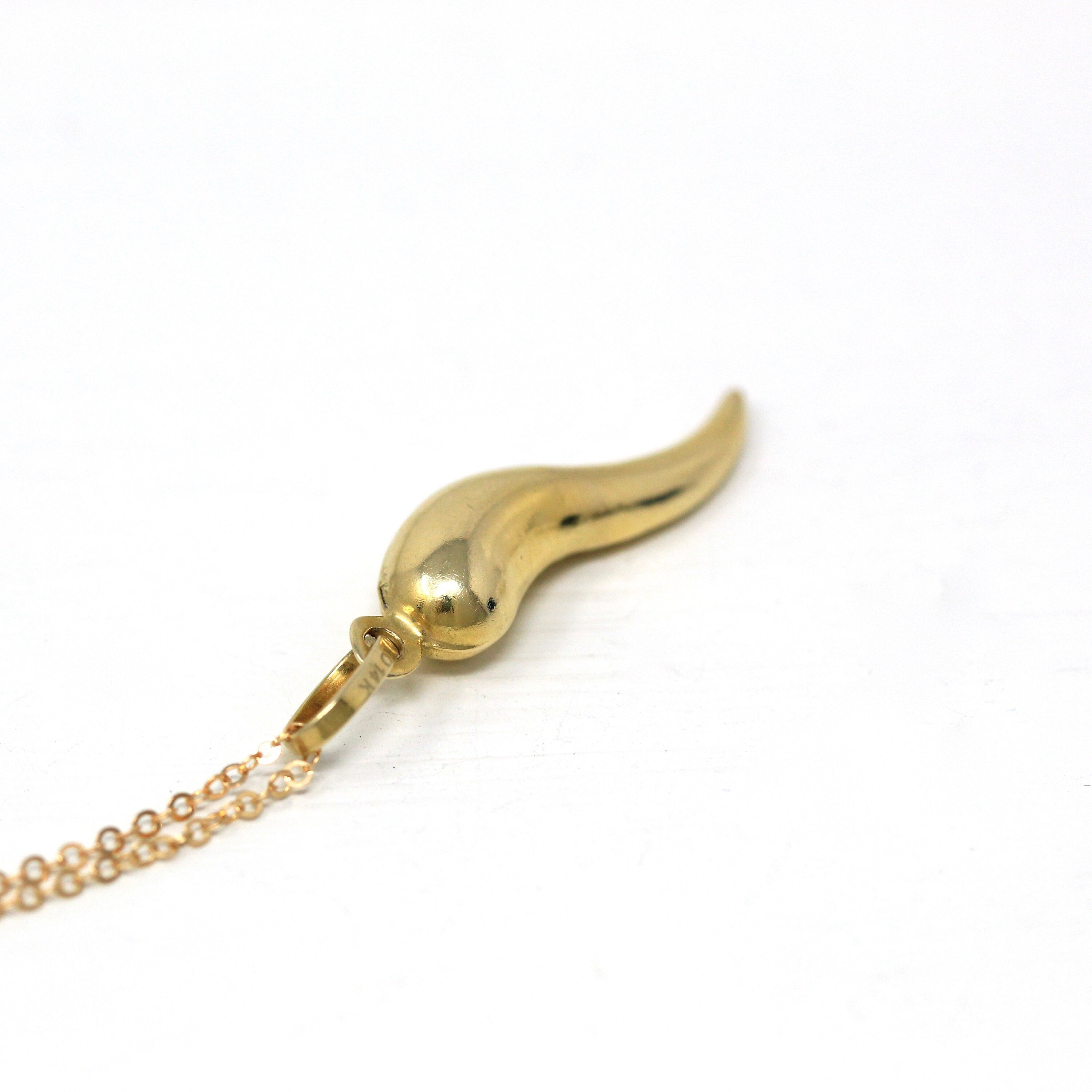 Italian Horn Charm - Retro 14k Yellow Gold Italy Cornicello Good Luck Pendant Necklace - Vintage 1970s Era Ward Off Evil Amulet Fine Jewelry