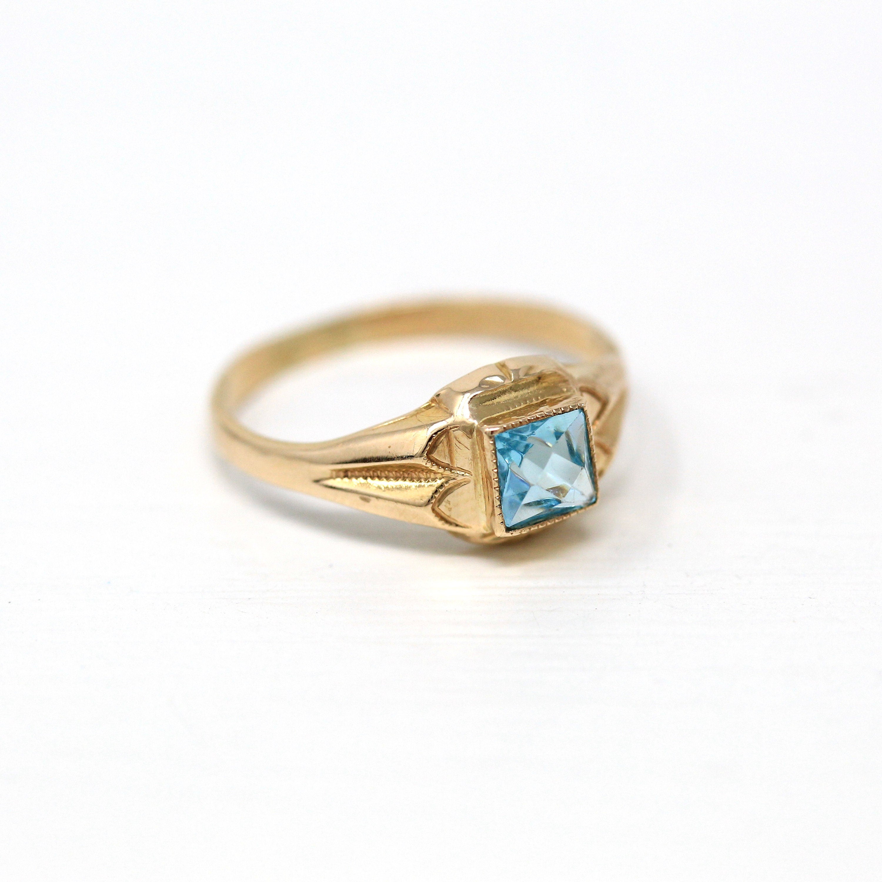 Vintage BDA Ring - 10k Yellow Gold Blue Glass Simulated Aquamarines - 1940s Era Size 4 Square Cut Glass Stone Fine Pinky Children's Jewelry