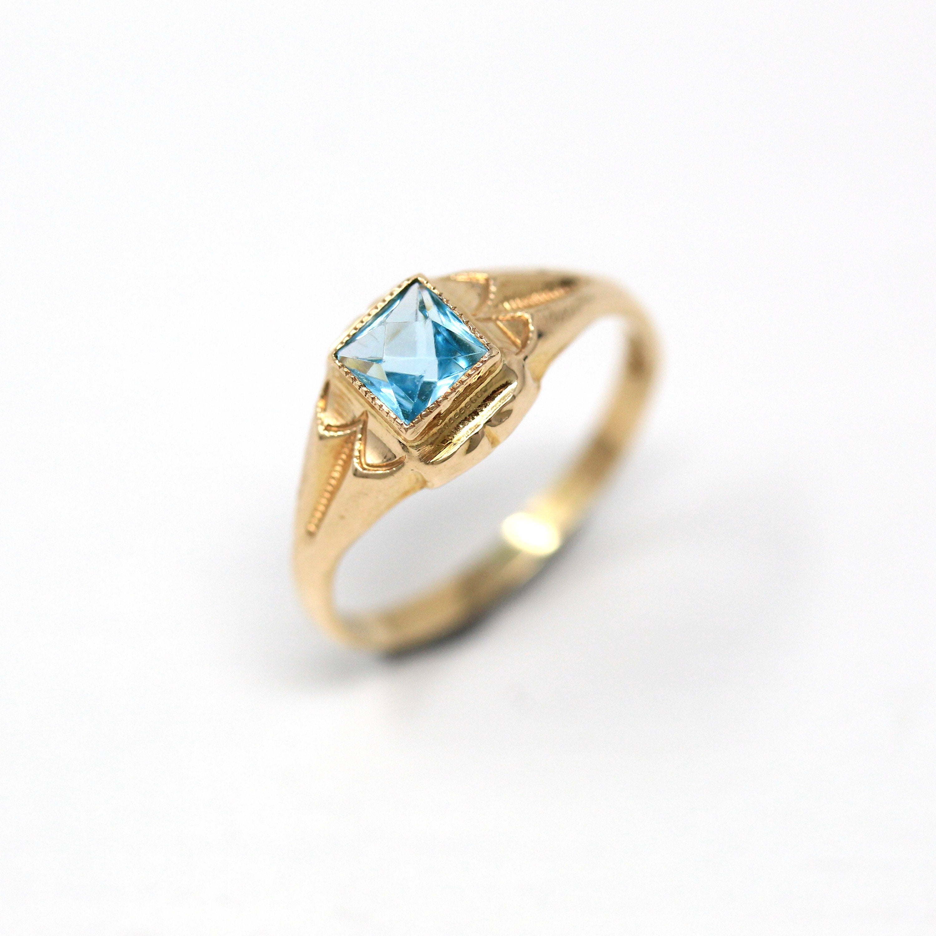 Vintage BDA Ring - 10k Yellow Gold Blue Glass Simulated Aquamarines - 1940s Era Size 4 Square Cut Glass Stone Fine Pinky Children's Jewelry