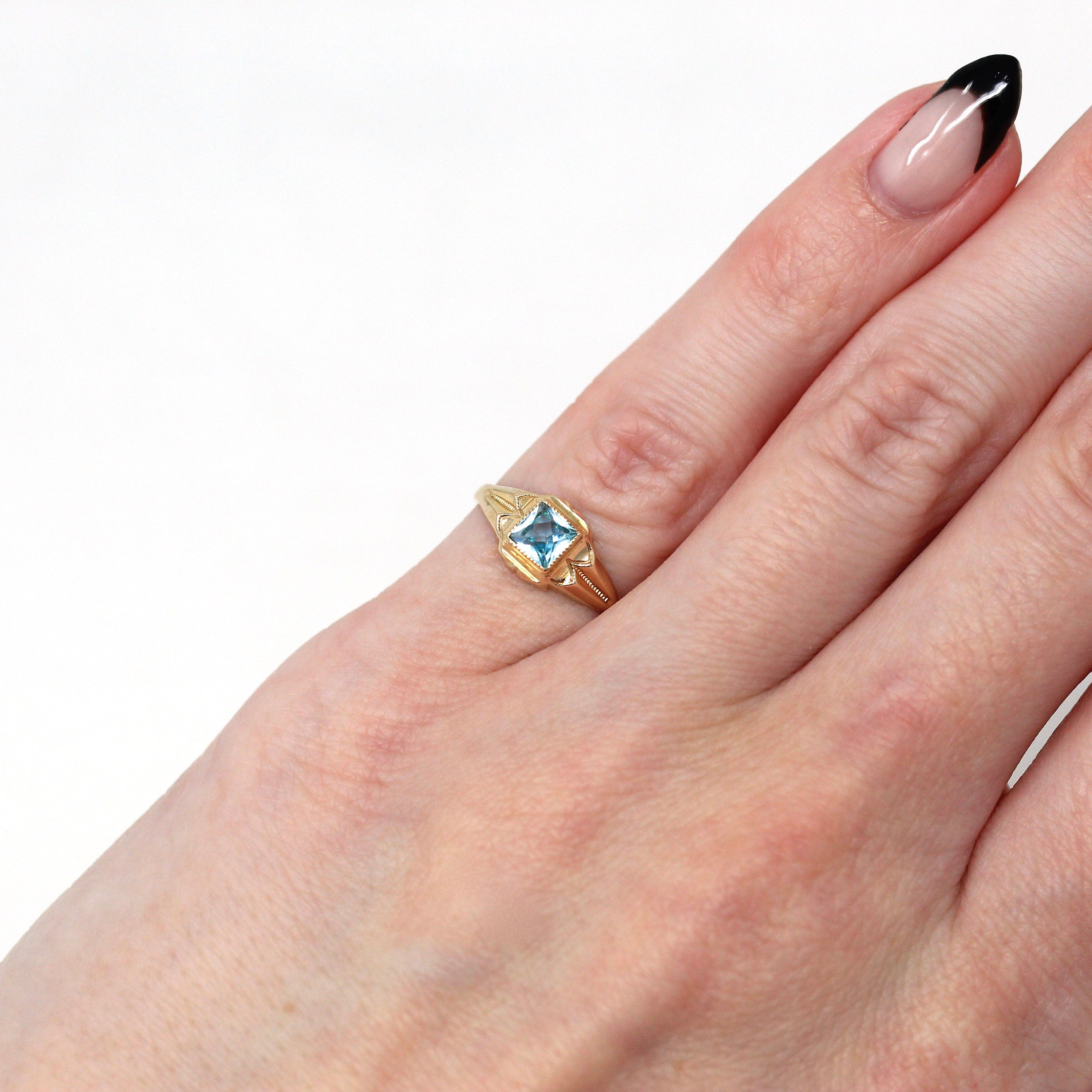 Vintage BDA Ring - 10k Yellow Gold Blue Glass Simulated Aquamarines - 1940s Era Size 4 Square Cut Glass Stone Fine Pinky Children's Jewelry