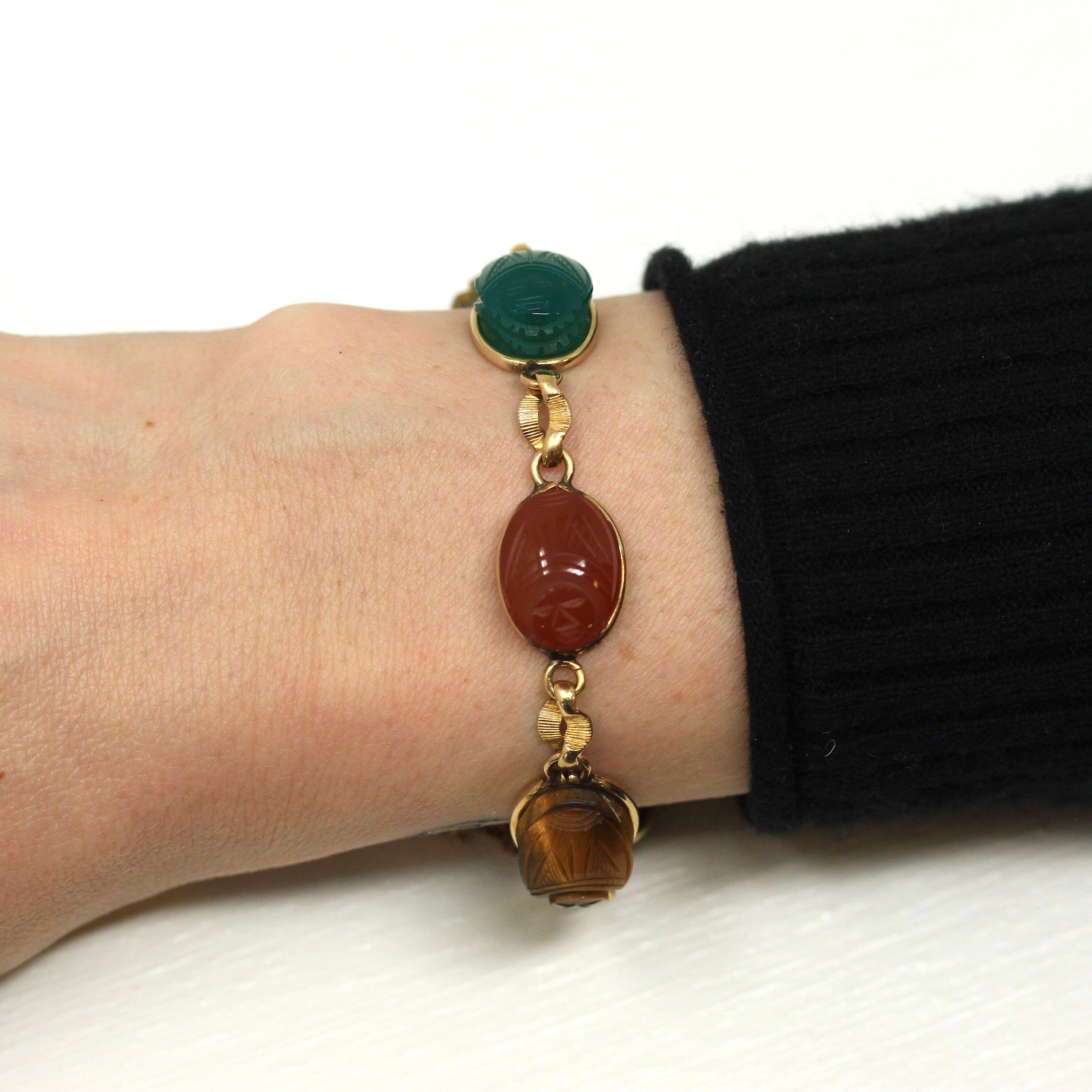 Vintage Scarab Bracelet - Retro 12k Gold Filled Carved Genuine Gemstones - Circa 1960s Era Egyptian Revival Style Burt Cassell 60s Jewelry