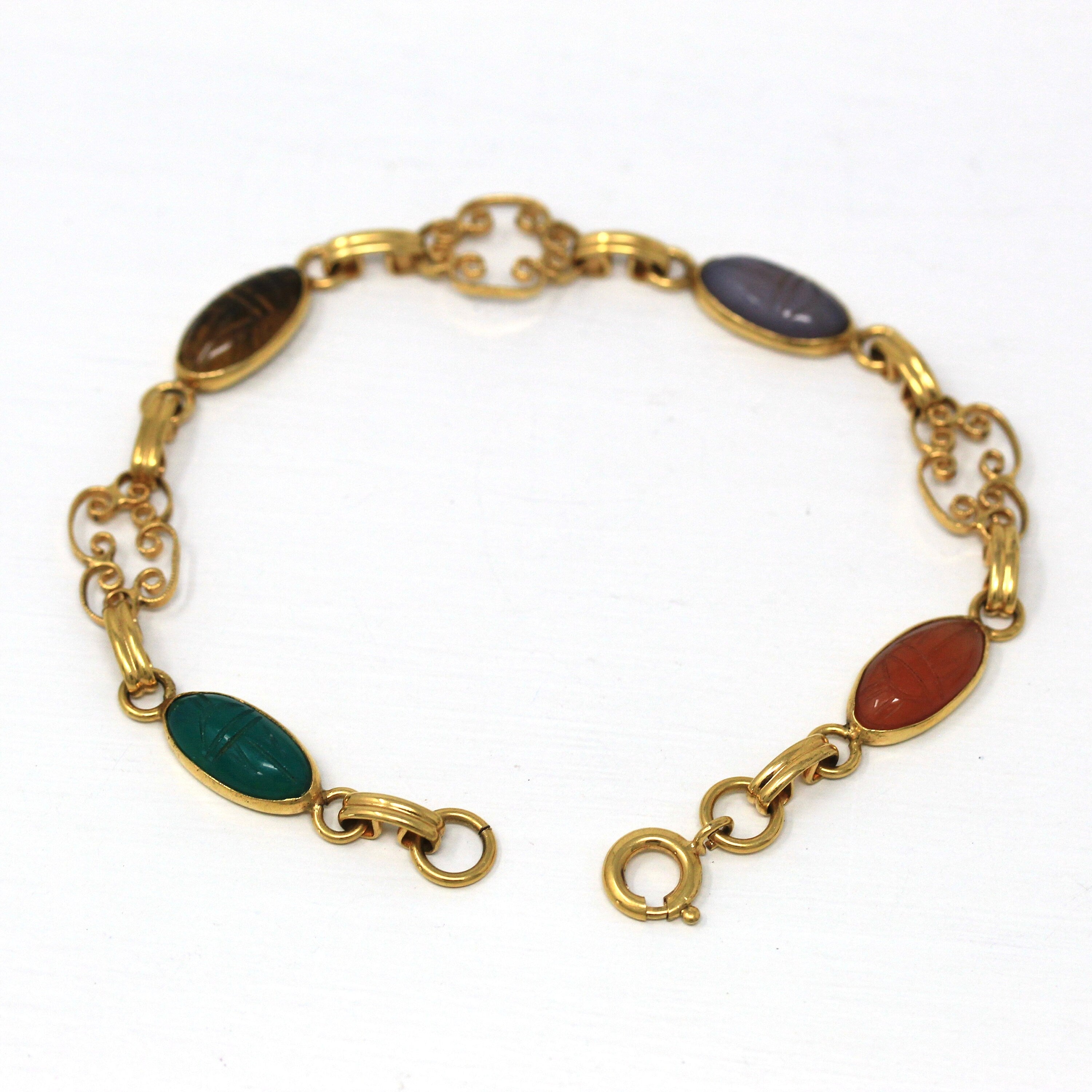 Vintage Scarab Bracelet - Retro 12k Gold Filled Carved Genuine Gemstones - Circa 1960s Era Egyptian Revival Fashion Accessory 60s Jewelry