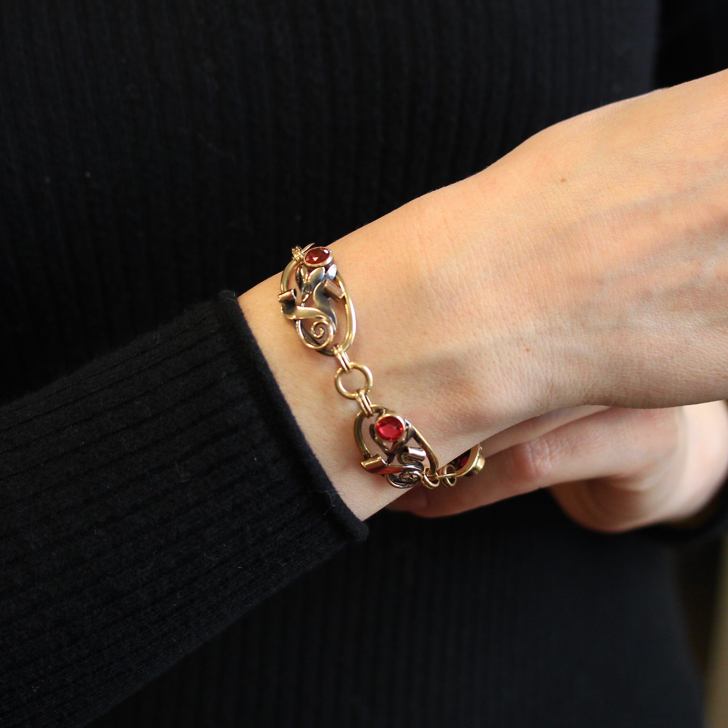 Simulated Ruby Bracelet - Retro 12k Gold Filled On Silver Red Glass Stones Flowers - Vintage 1940s Era Fashion Accessory Carl Art Jewelry