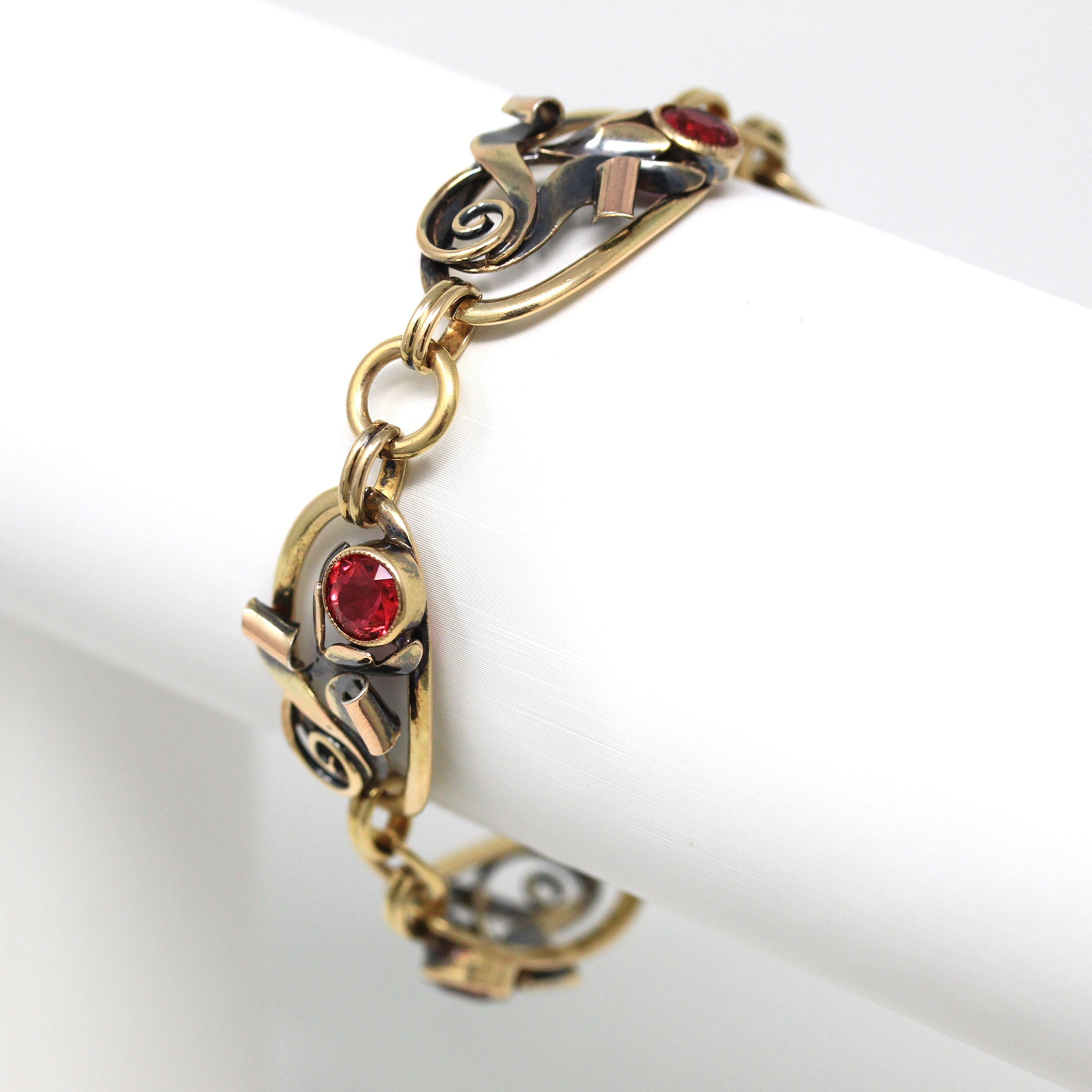 Simulated Ruby Bracelet - Retro 12k Gold Filled On Silver Red Glass Stones Flowers - Vintage 1940s Era Fashion Accessory Carl Art Jewelry