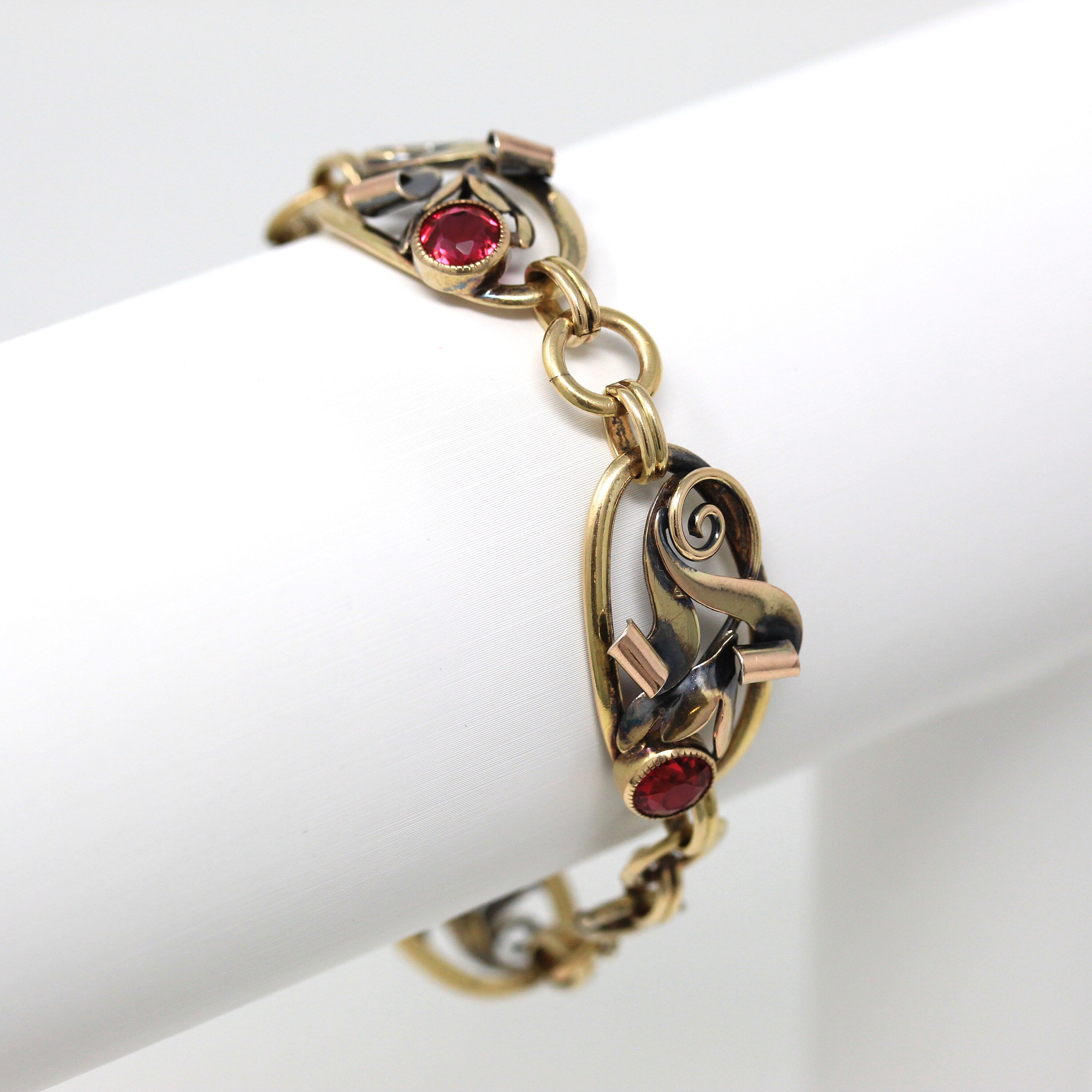 Simulated Ruby Bracelet - Retro 12k Gold Filled On Silver Red Glass Stones Flowers - Vintage 1940s Era Fashion Accessory Carl Art Jewelry