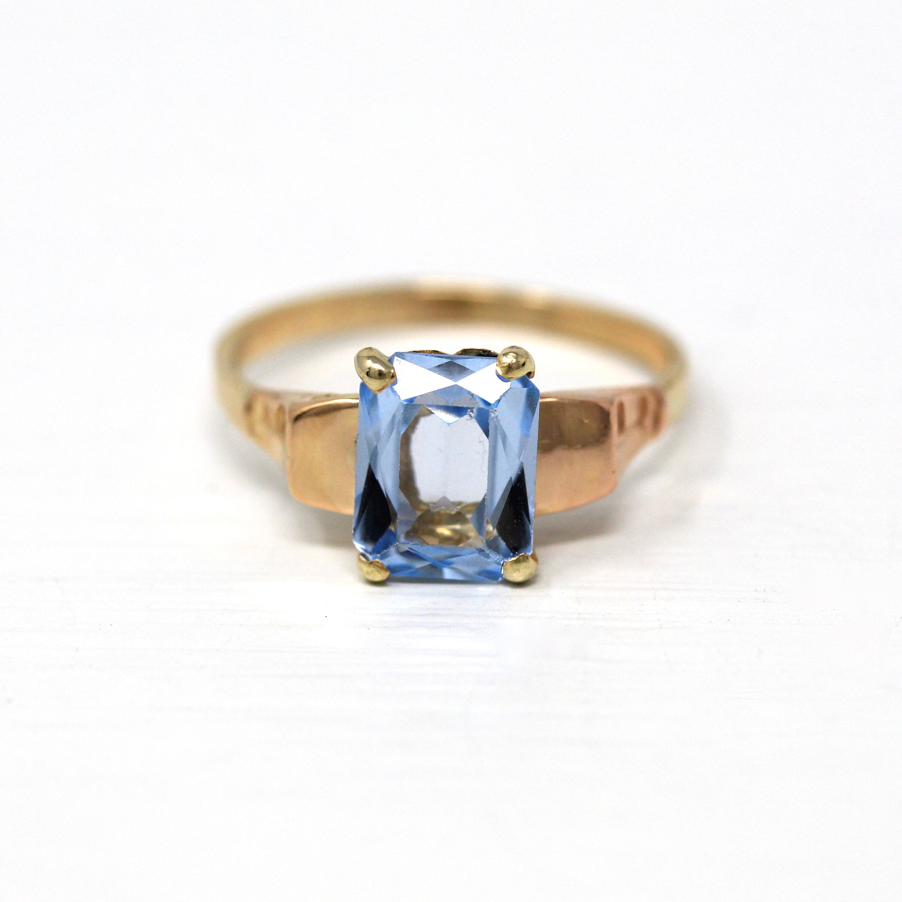 Created Spinel Ring - Retro Era 14k Yellow Gold Emerald Cut Faceted Blue 2.25 CT Stone - Circa 1940s Size 7.5 Solitaire Style Fine Jewelry