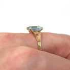 Created Spinel Ring - Retro Era 14k Yellow Gold Emerald Cut Faceted Blue 2.25 CT Stone - Circa 1940s Size 7.5 Solitaire Style Fine Jewelry