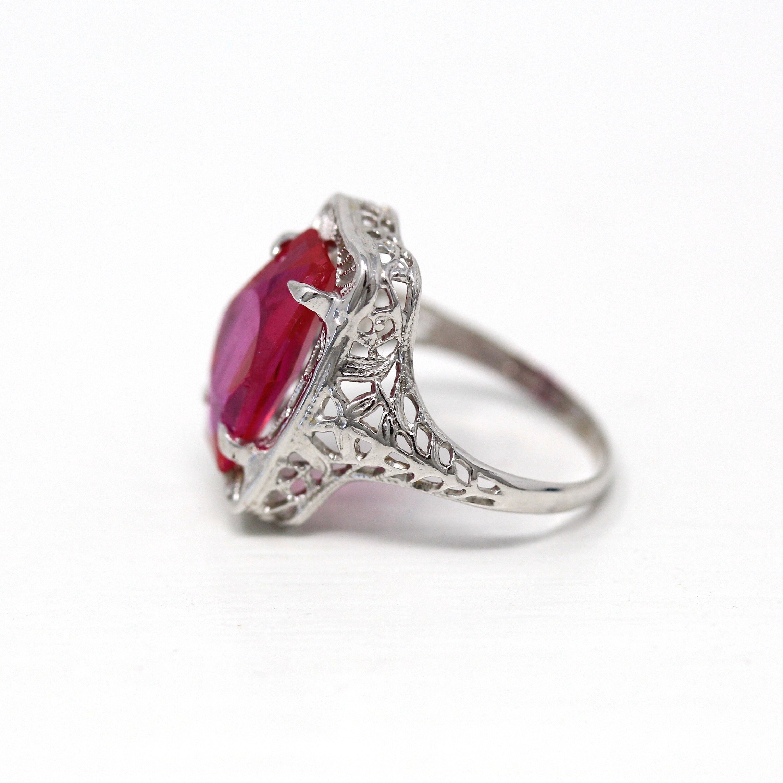 Antique Filigree Ring - Art Deco Era 10k White Gold Filigree Setting Created Ruby Red Stone - Vintage Circa 1920s Size 3.5 Fine 20s Jewelry