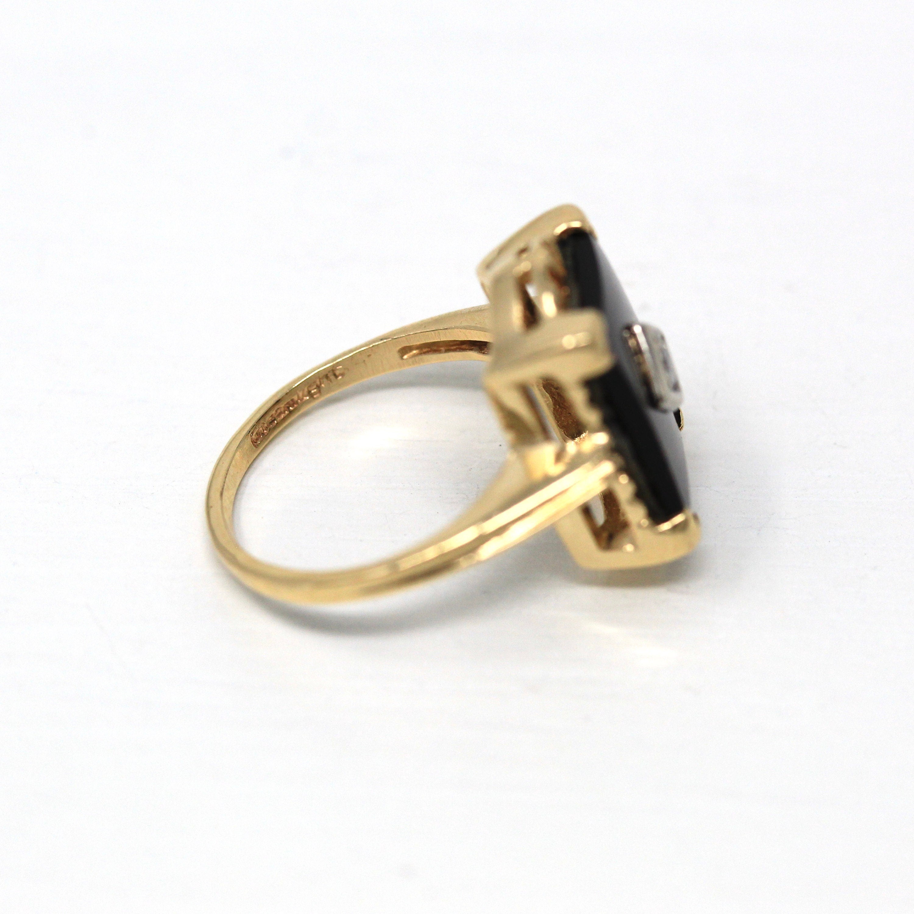 Genuine Onyx Ring - Retro 14k Yellow Gold Rectangular Black Gemstone & Diamond - Vintage Circa 1960s Era Size 5 Statement Gem Fine Jewelry